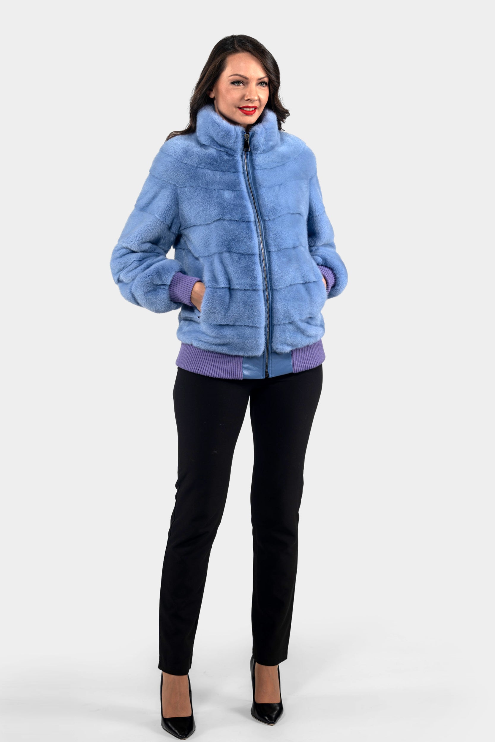 Aqua Marine Mink Bomber Jacket with Stand Collar P/K13C224