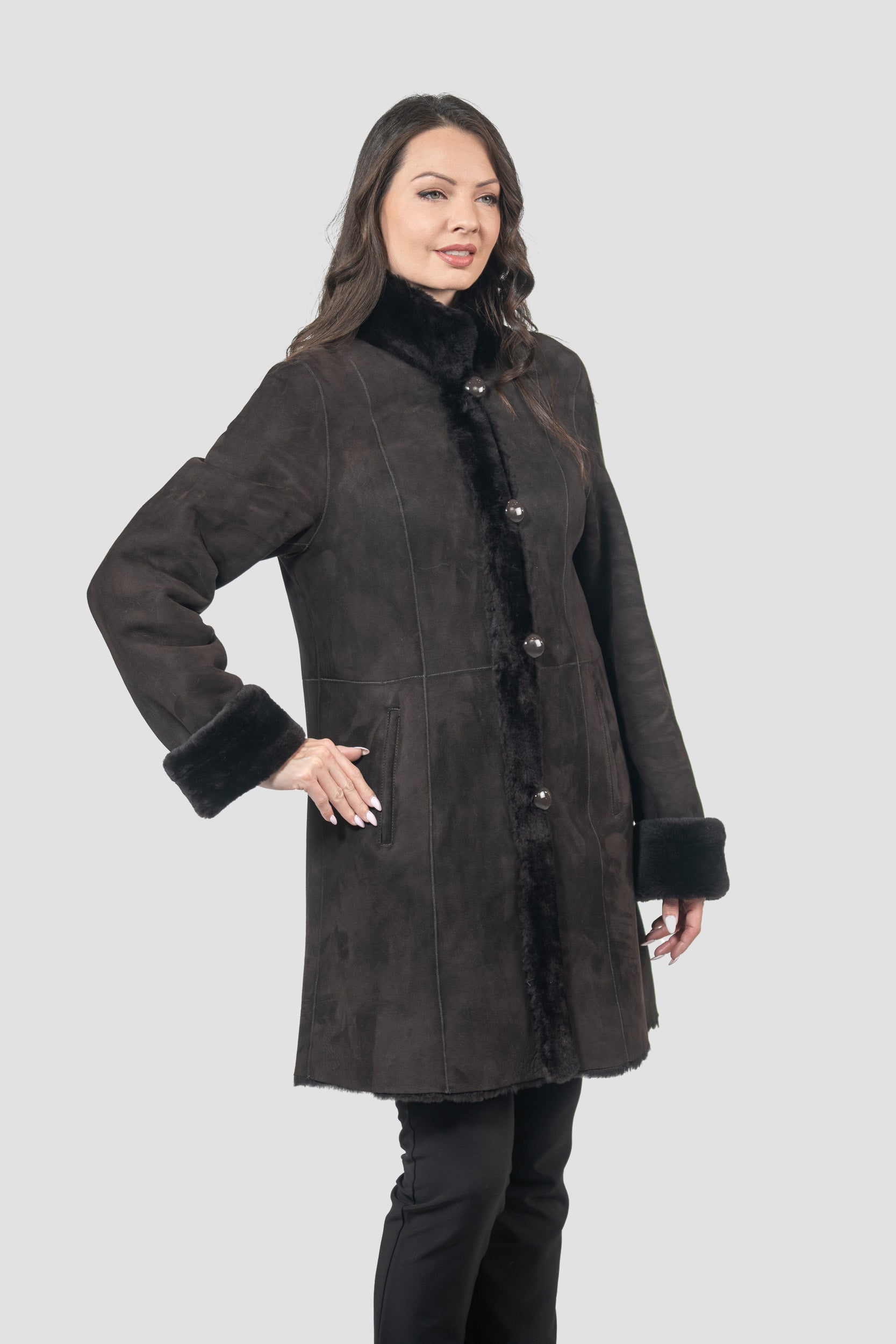 Brown Half Coat In Spanish Merino with Stand Collar 207
