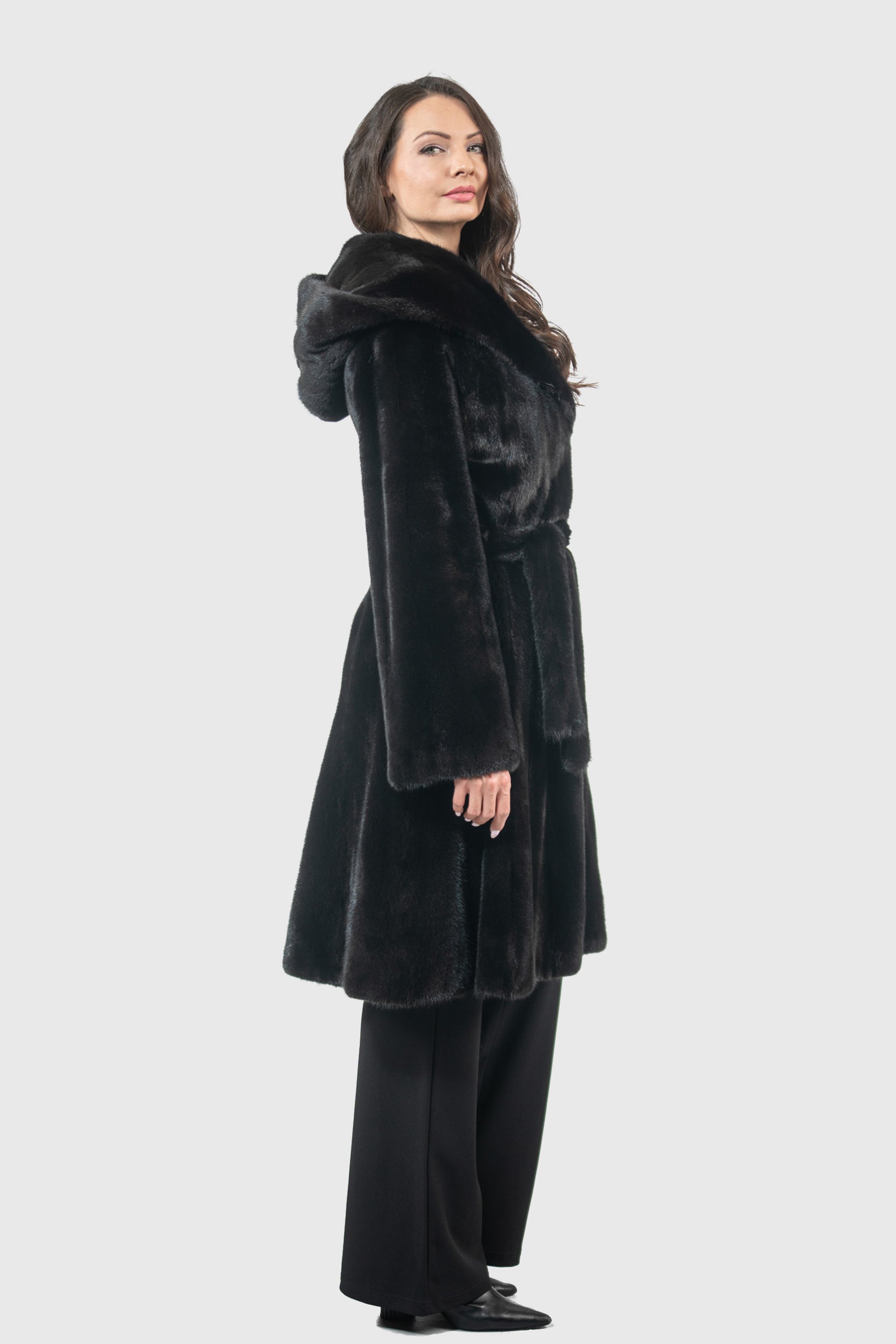 Blackgalama Mink Hooded Half Coat with Belt L/OGADEH
