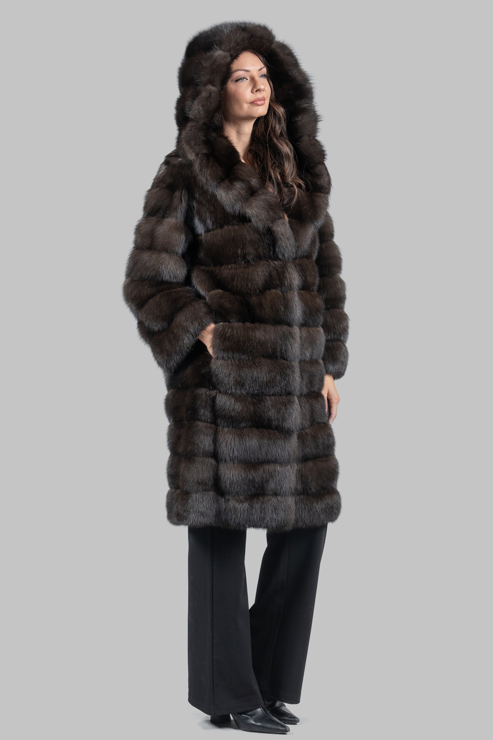 Dark Sable Hooded Long Coat A/K13C540