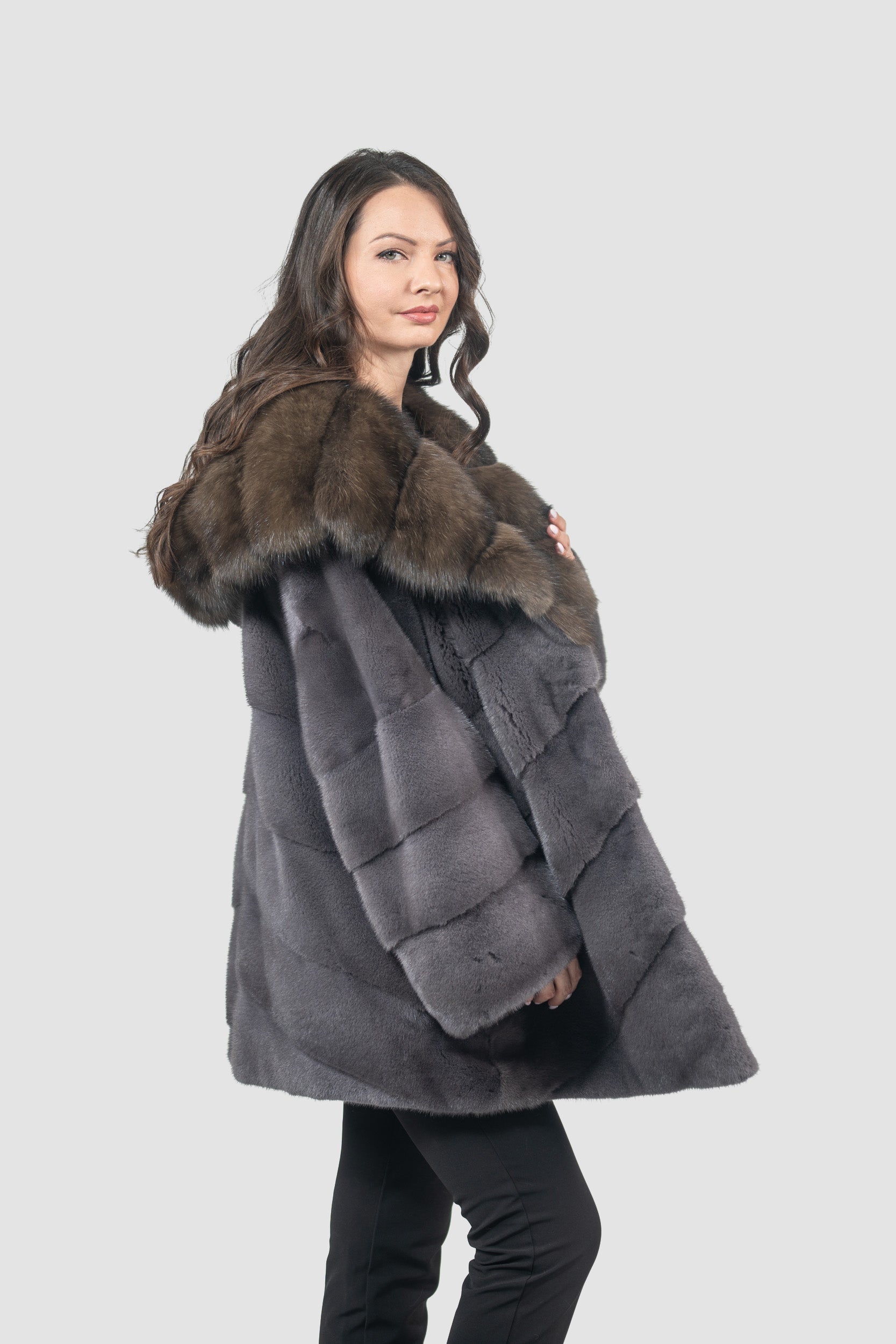 Grey Moon Mink Half Coat with Russian Sable Hood A/K850