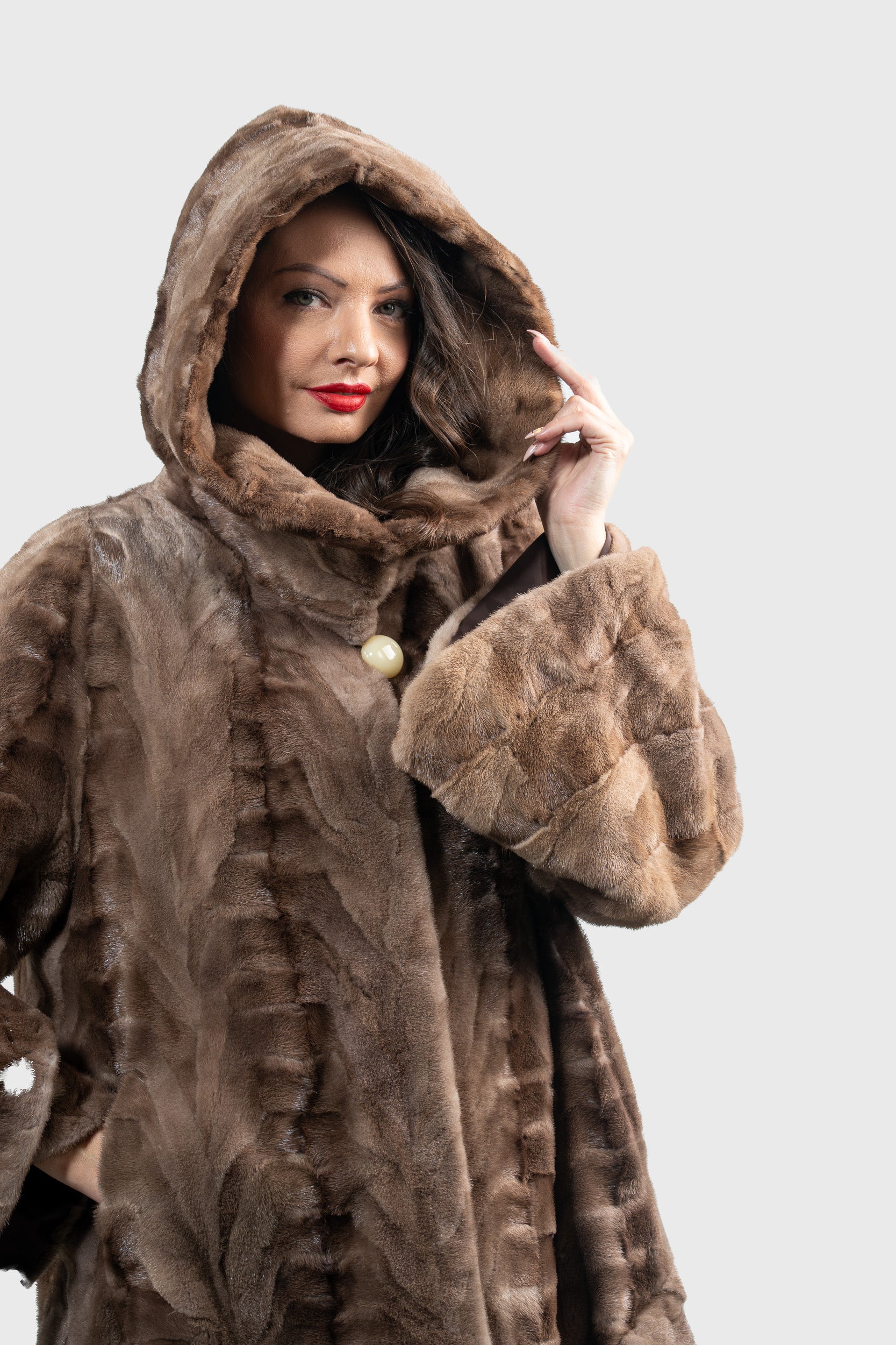 Pastel Mink Pieced Hooded Half Coat 2550H