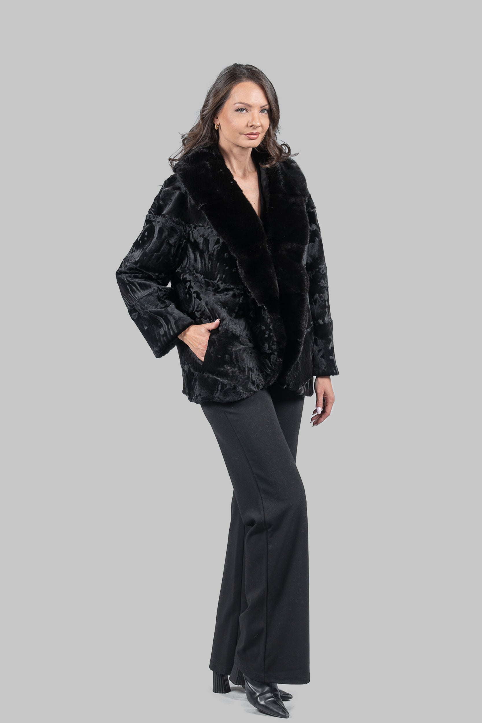 Black Swakara with Extended Mink Shawl Collar Fur Jacket V/K19C123