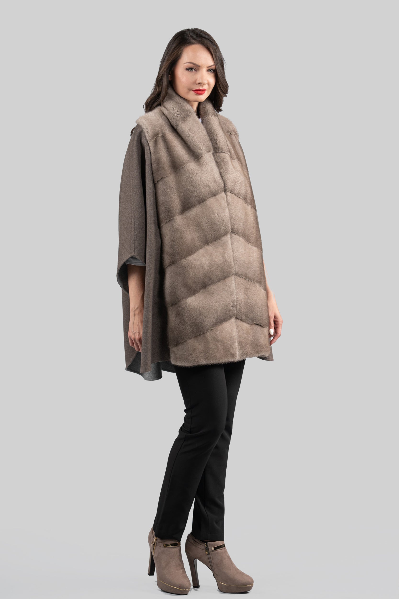 Brown Grey Cashmere Cape with Mink Trim 18M950