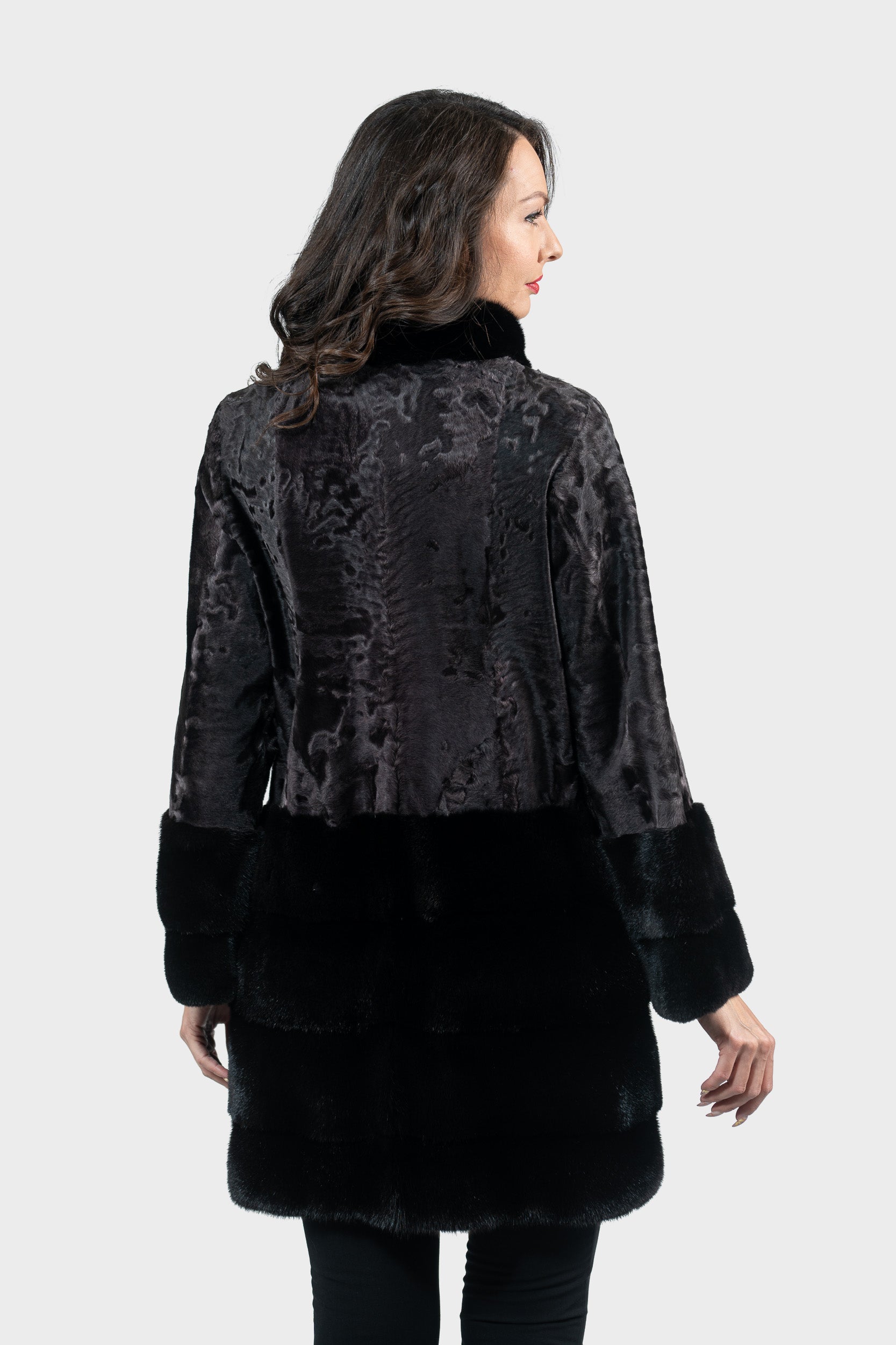 Gray Moon Swakara Half Coat with Mink Trim S/SR/K16C733