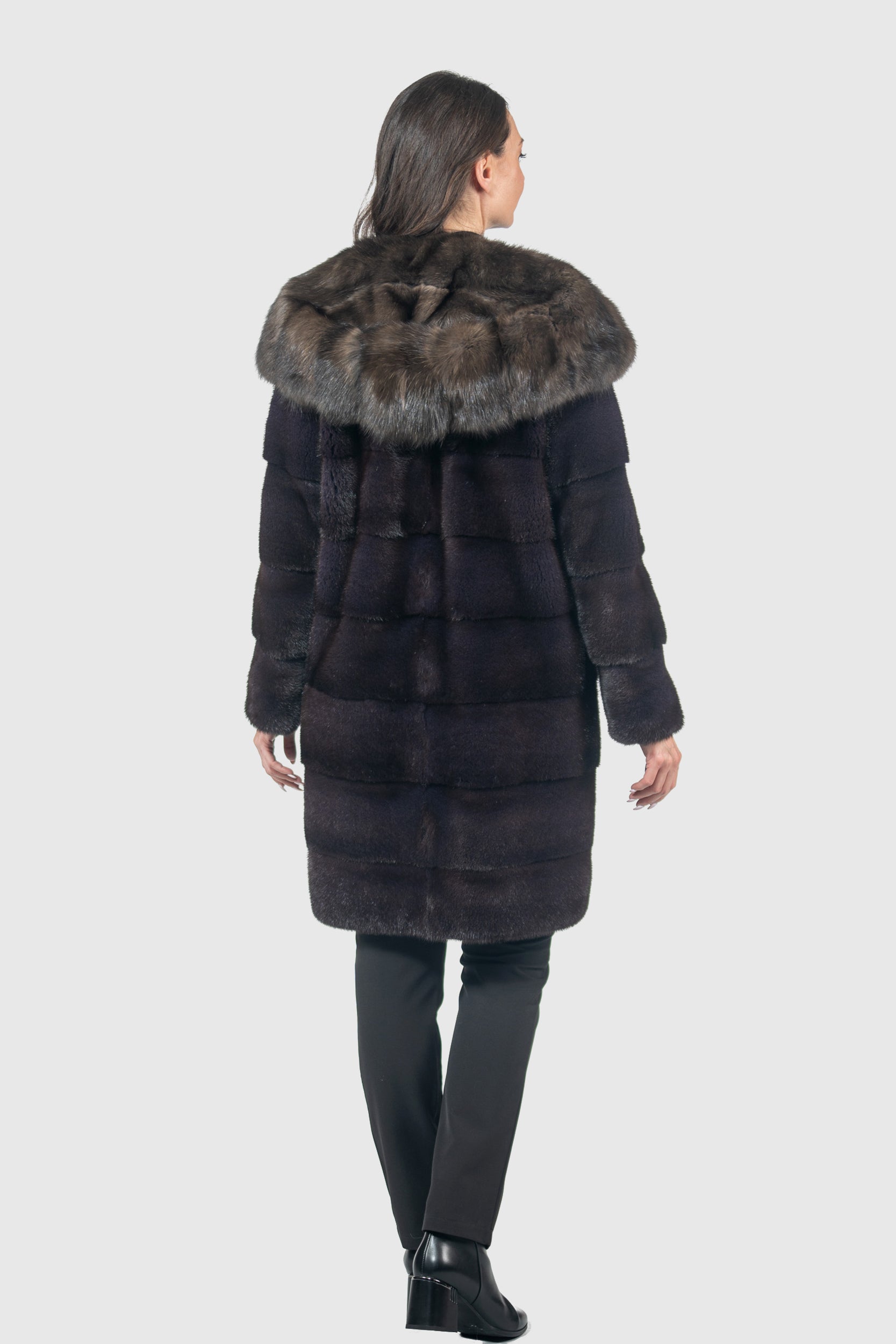 Aubergine Mink Half Coat with Russian Sable Hood P/K13C540