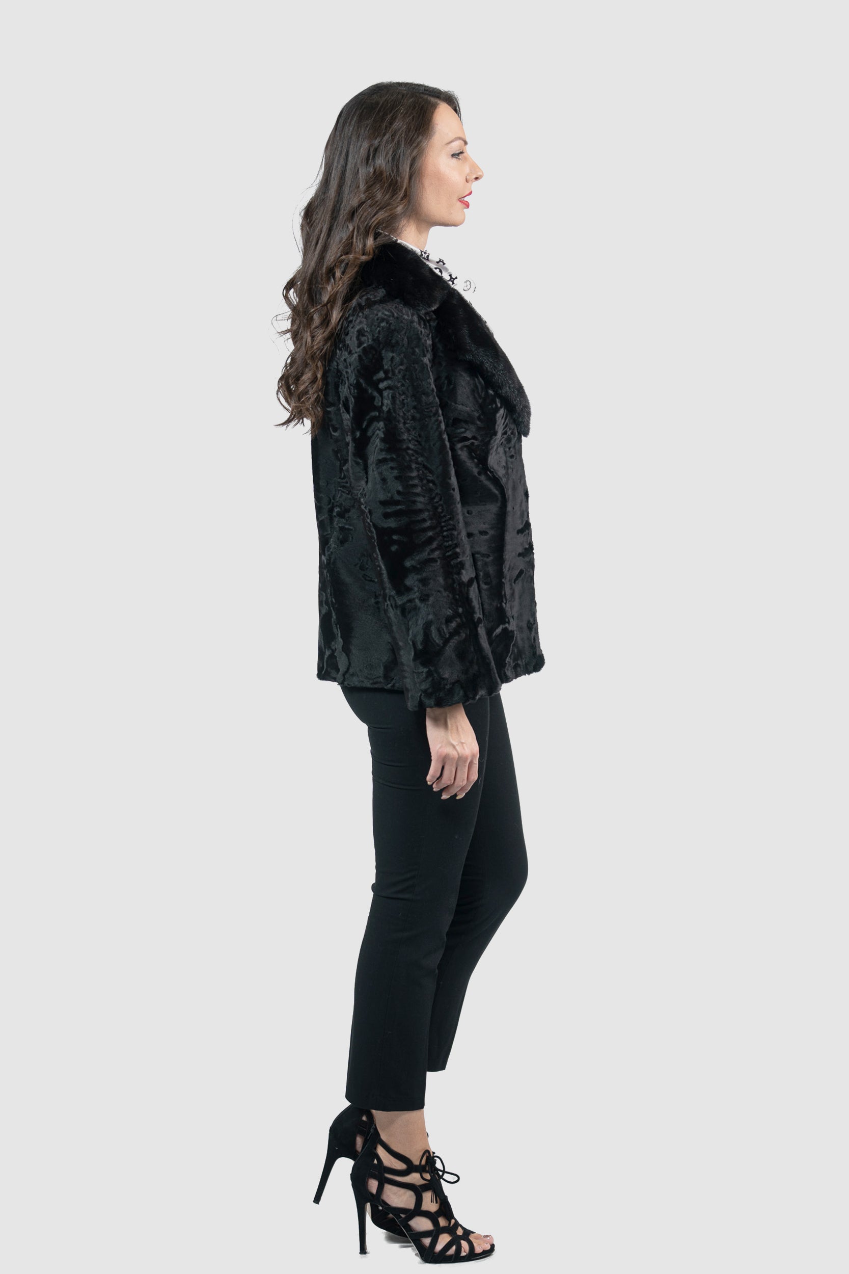 Black Swakara Jacket with Mink Notch Collar S/S13C528s20