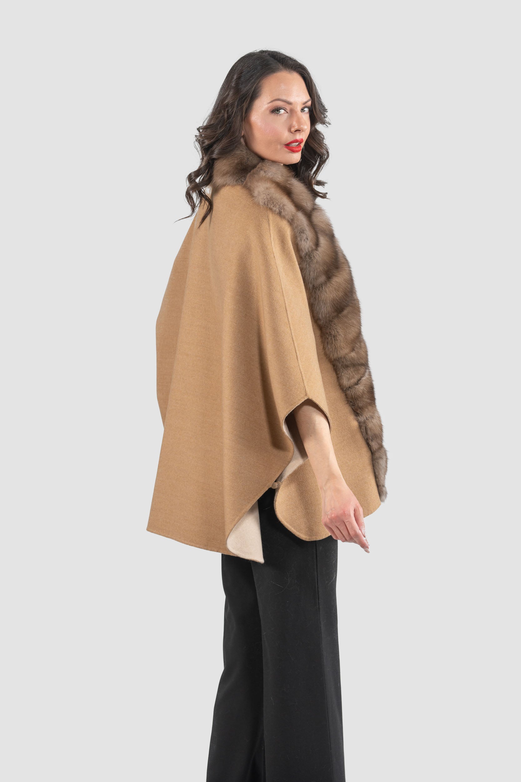 Ecru Beige Cashmere Cape with Russian Sable Trim 18M95088