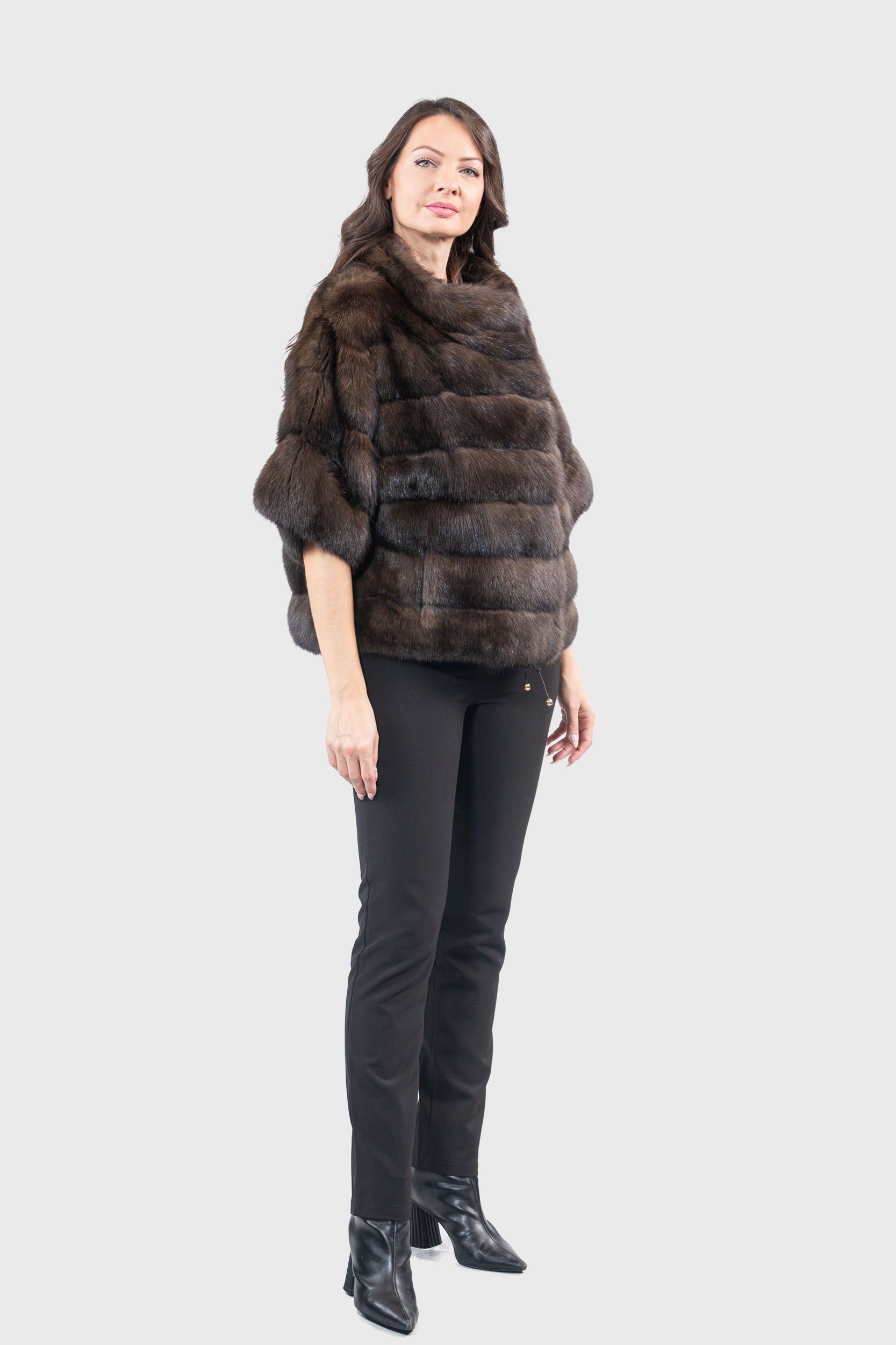 Dark Russian Sable Jacket with Stand Collar and Short Sleeves P/K13C139