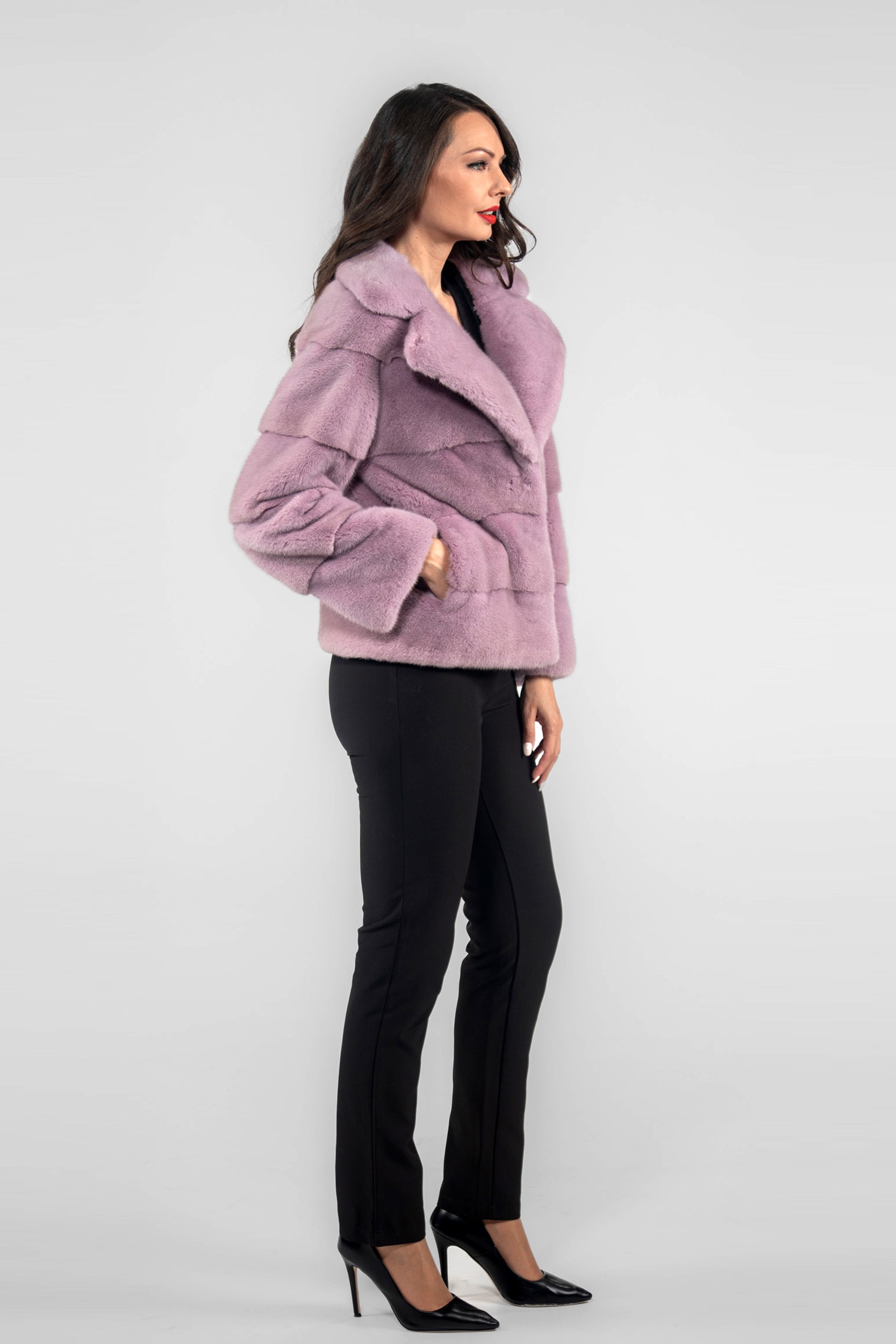 Powder Pink Mink Jacket with Notch Collar P/K13C528S20
