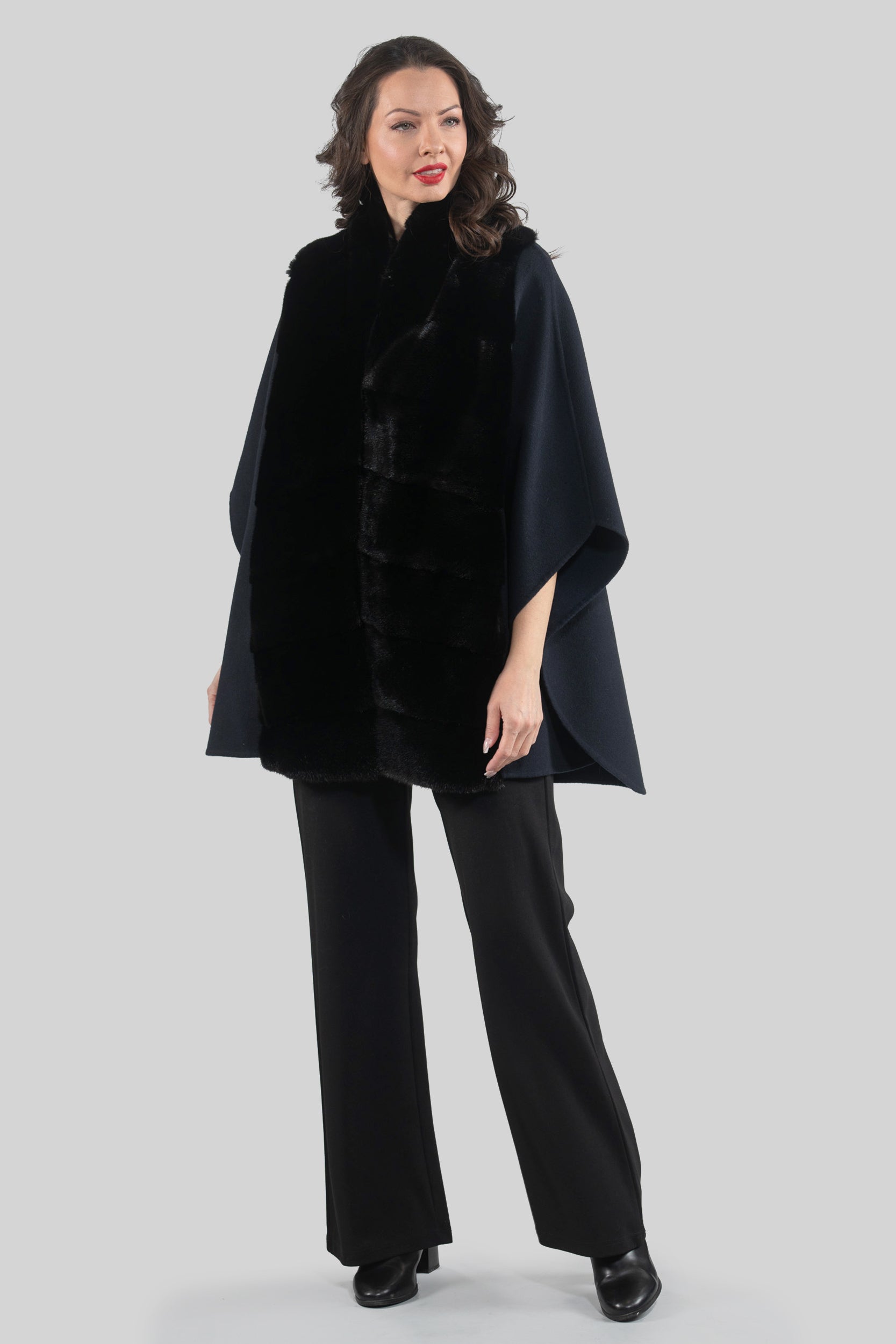 Blue Black Cashmere Cape with Mink Trim 18M950