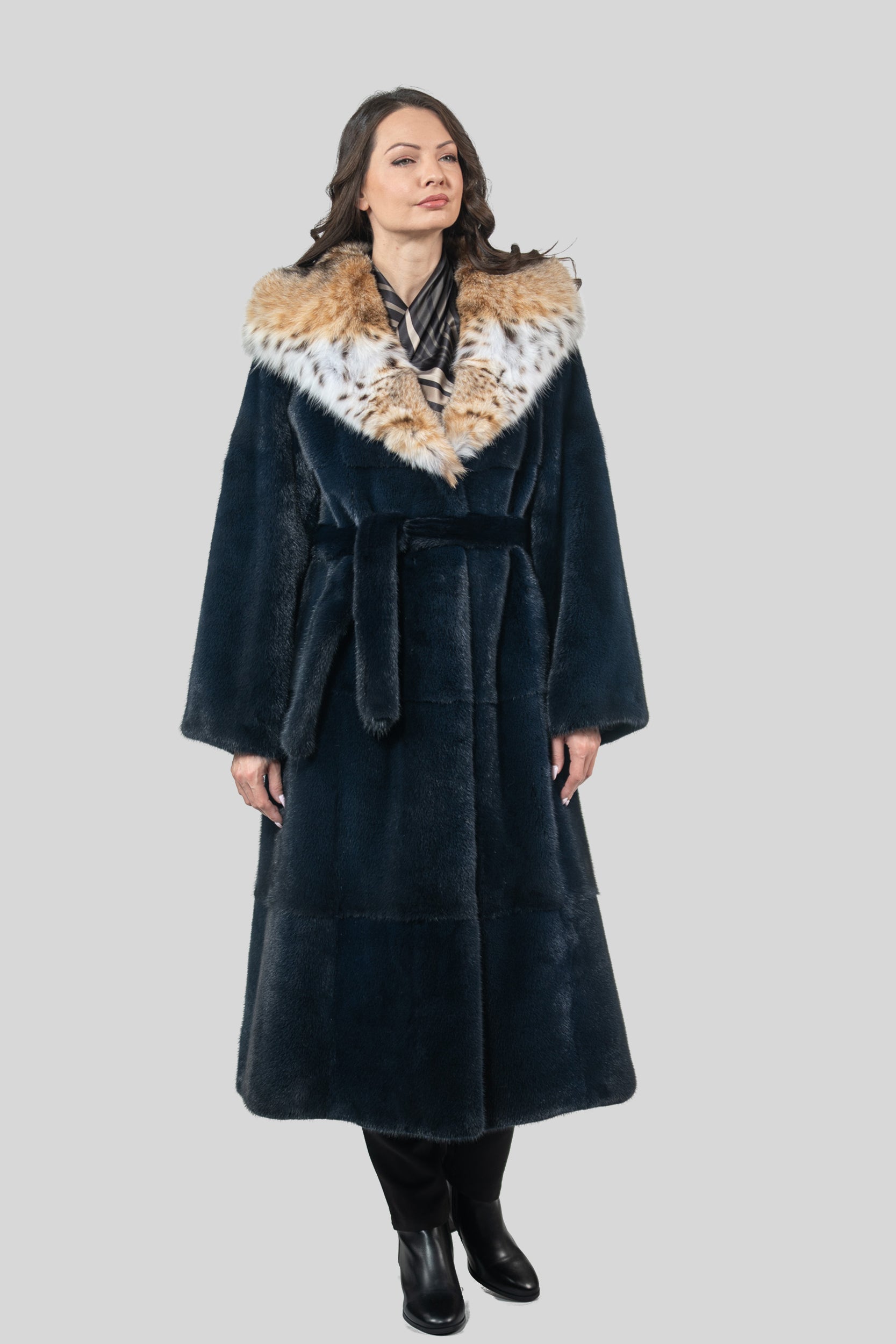 Blue Black Mink Coat with Bobcat Hood S/S13C978