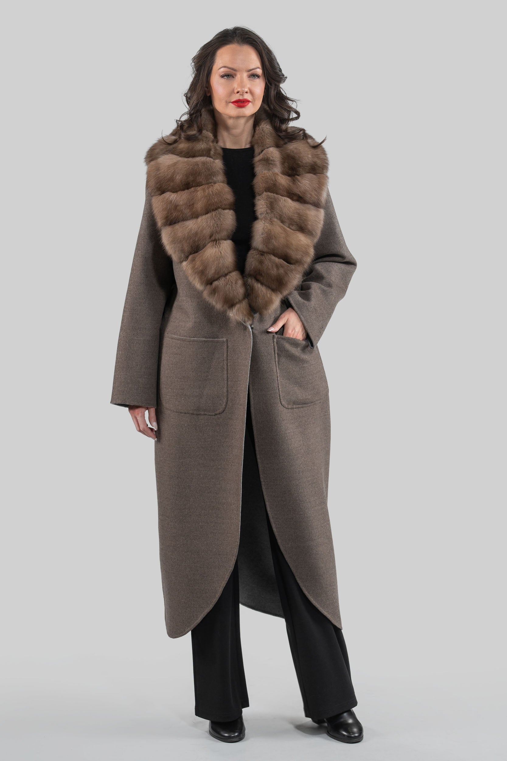 Brown Grey Cashmere Coat with Russian Sable Notch Collar 20C8060S20o