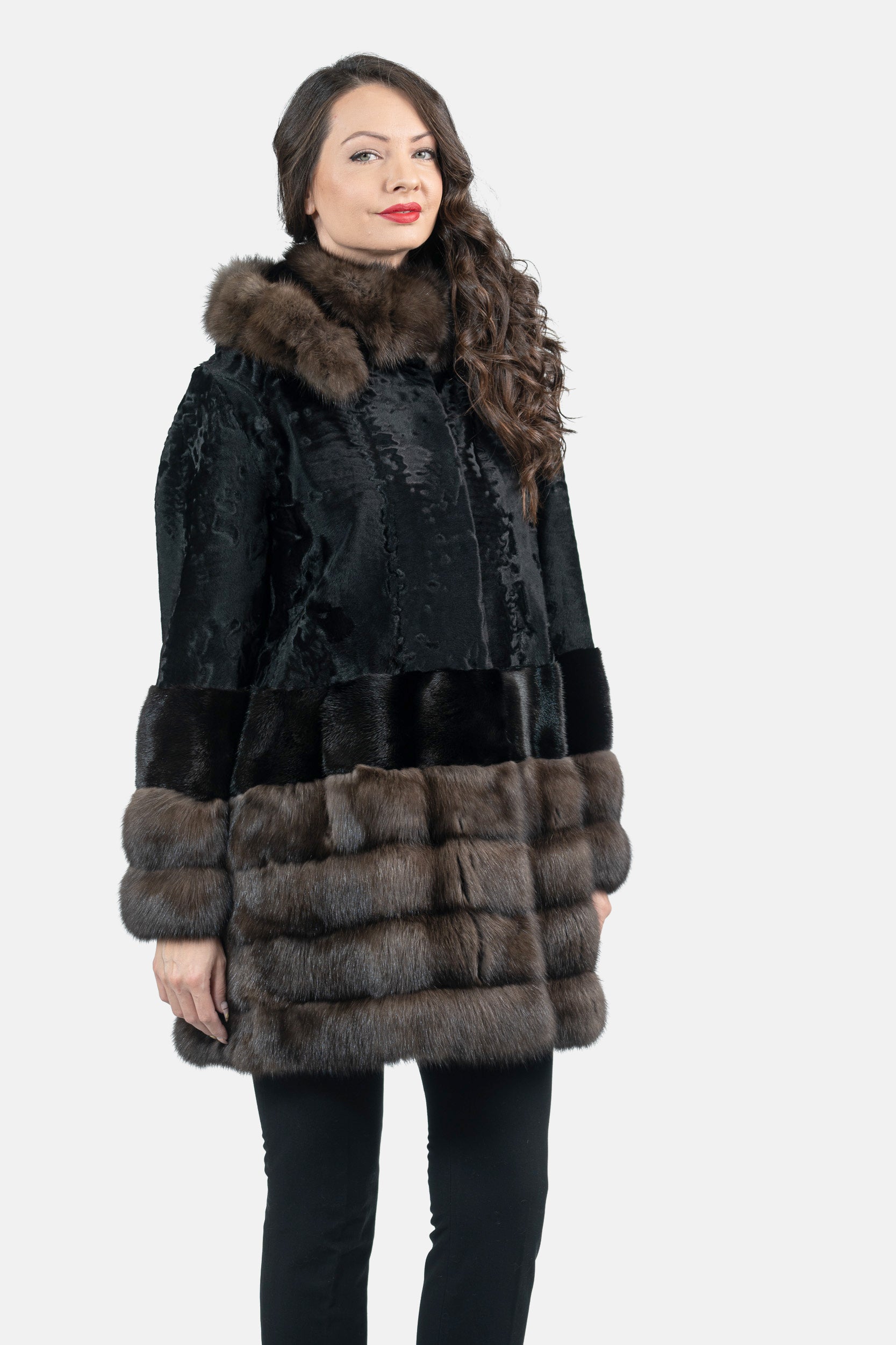 Black Swakara Hooded Half Coat with Mink and Russian Sable Trim S/SR/K4535