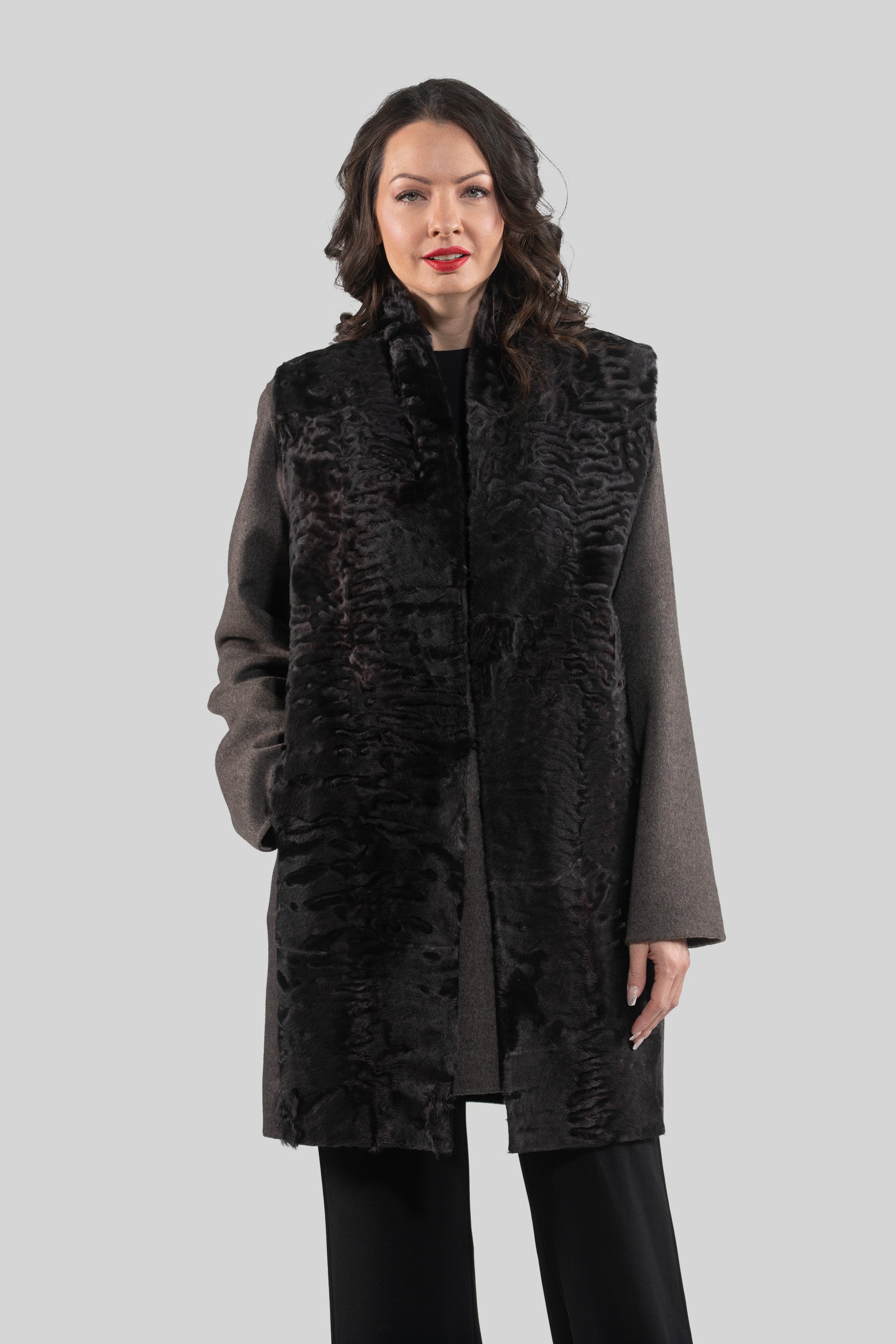 Grey Cashmere Half Coat & Vest with Swakara Fur Trim 17C8003