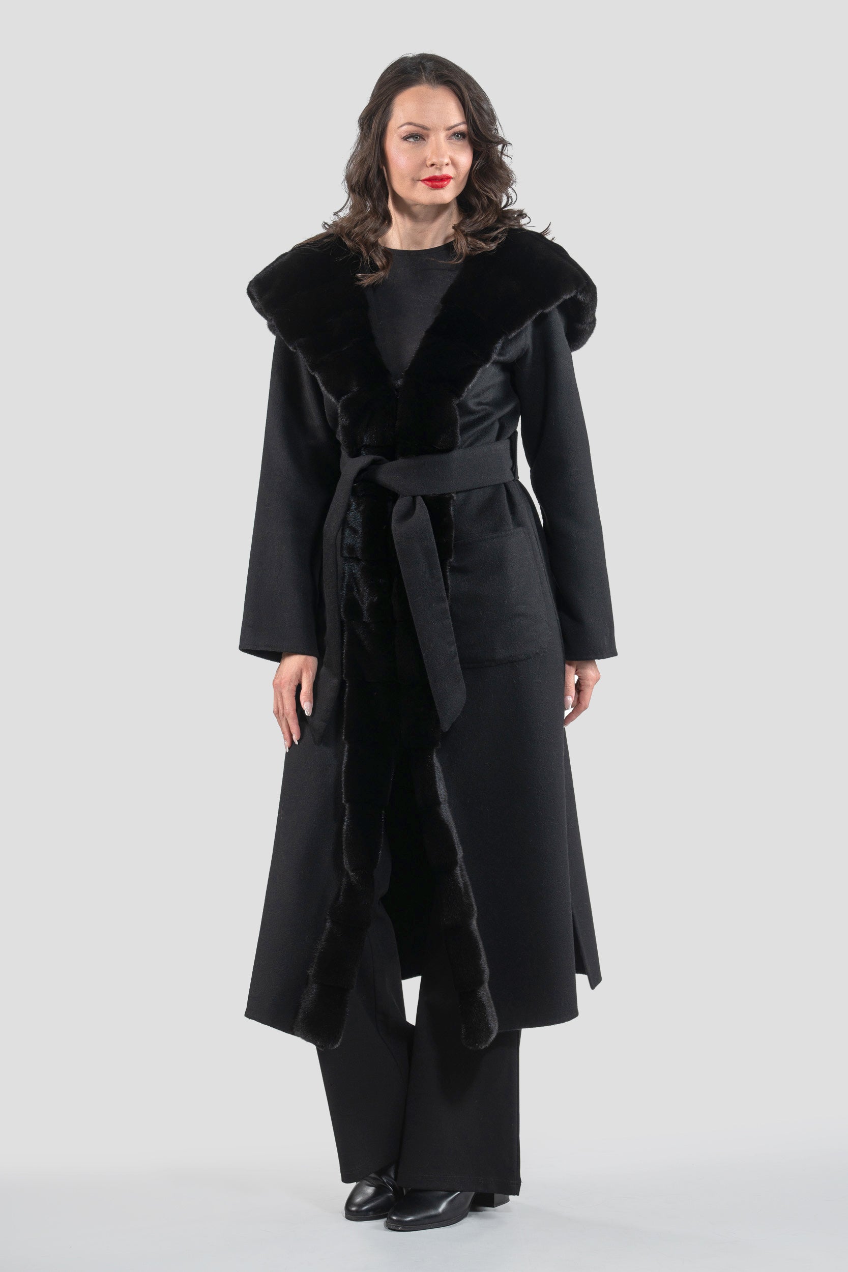 Black Cashmere Hooded Coat with Mink Trim 21C6080H
