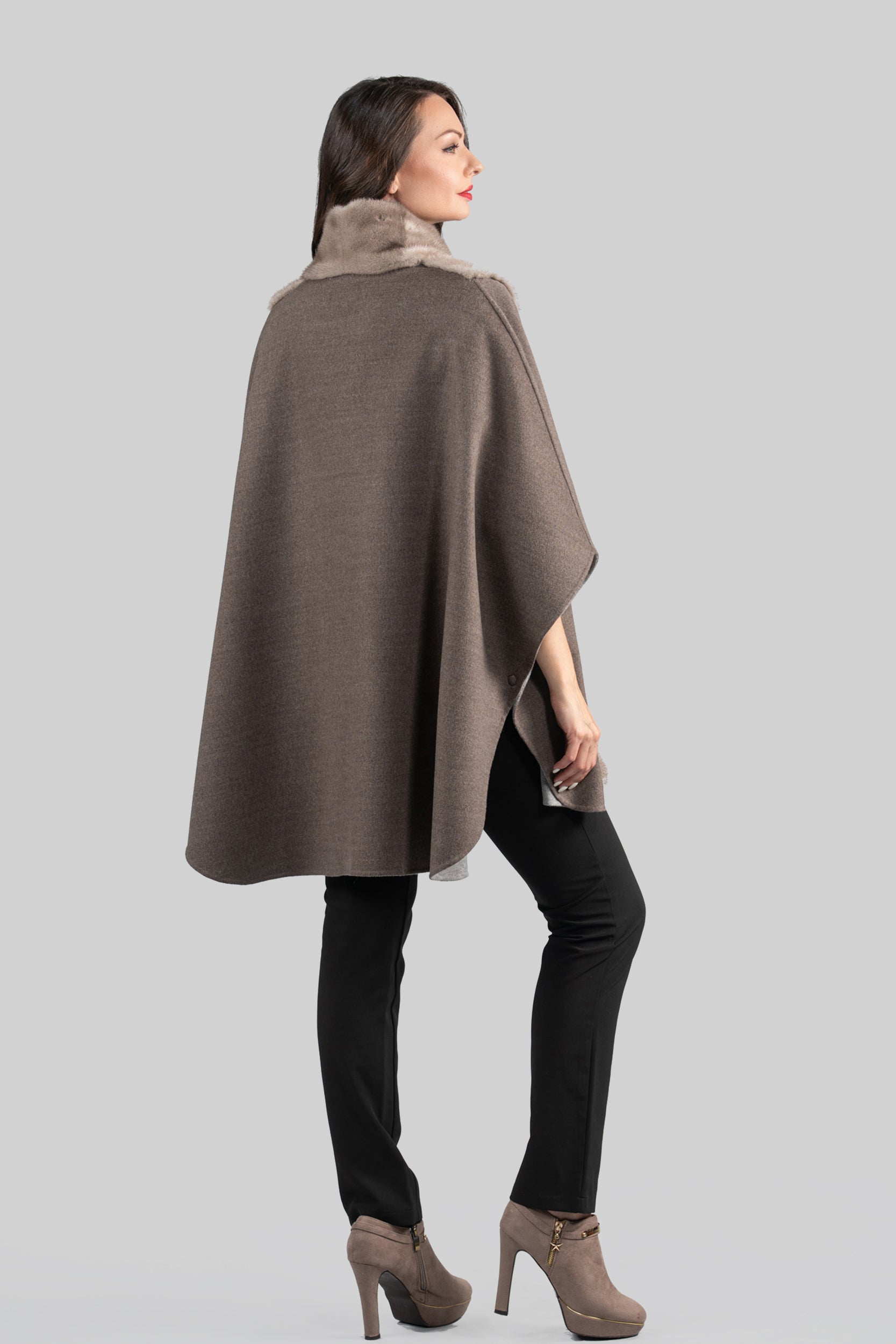 Brown Grey Cashmere Cape with Mink Trim 18M950