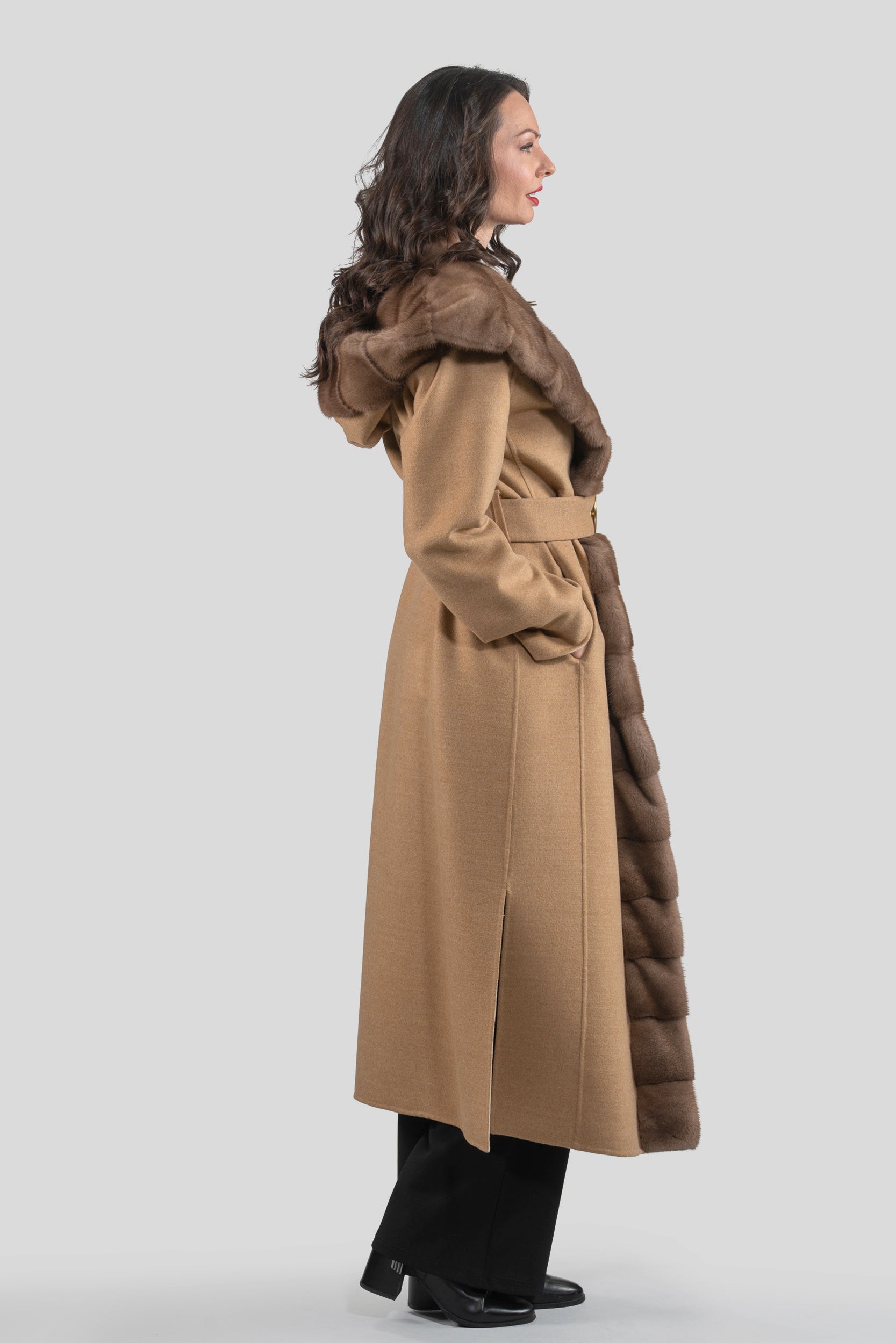 Beige Ecru Cashmere Hooded Coat with Mink Trim 21C6080H540