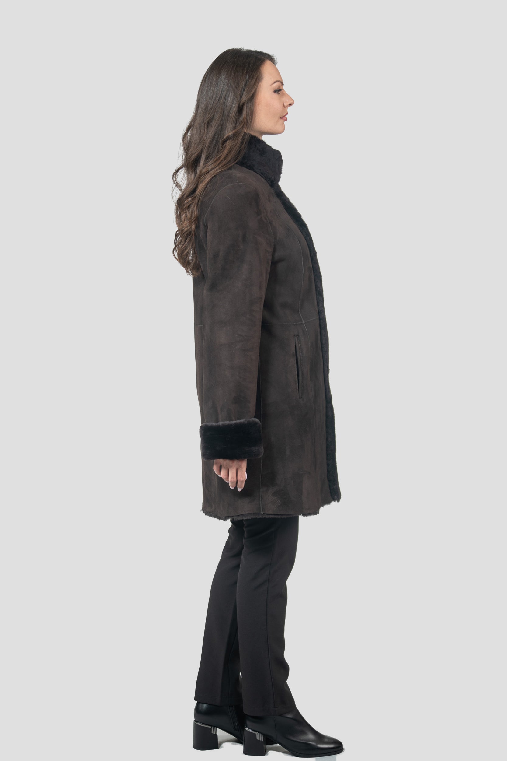 Brown Half Coat In Spanish Merino with Stand Collar 207