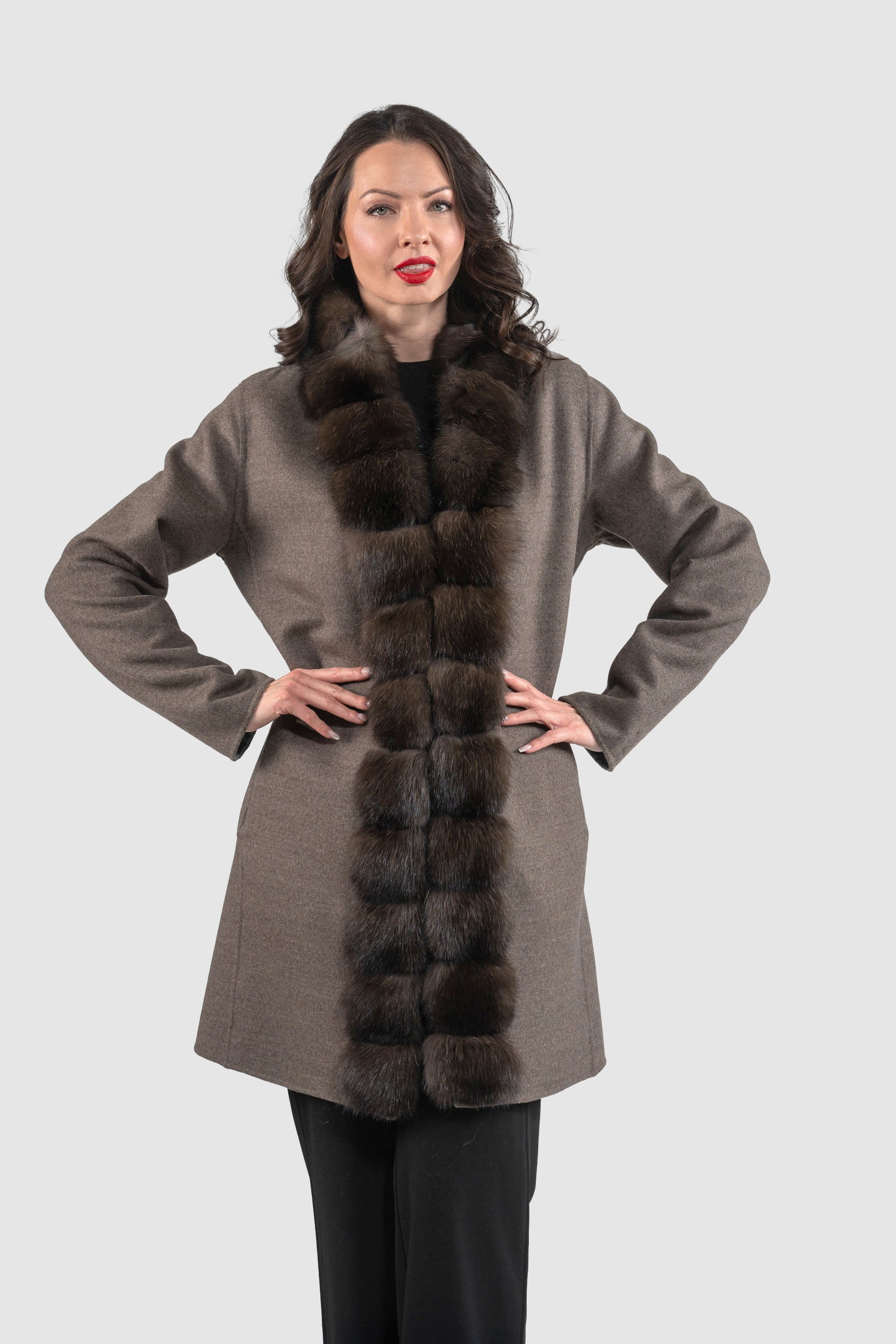 Grey Brown Cashmere Half Coat with Russian Sable Trim 21C6080
