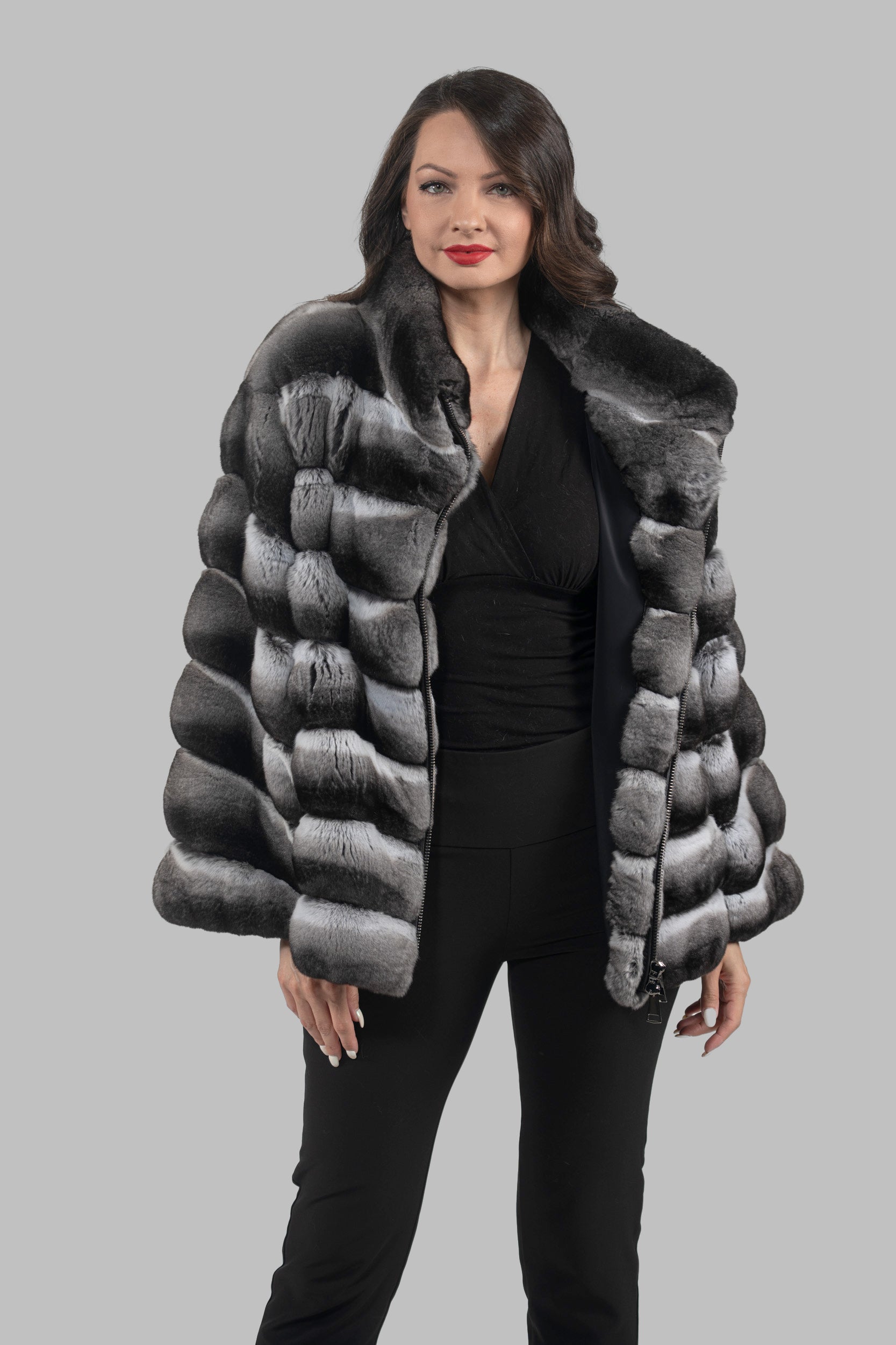 Chinchilla Jacket with Stand Collar and Zipper P/K13C137