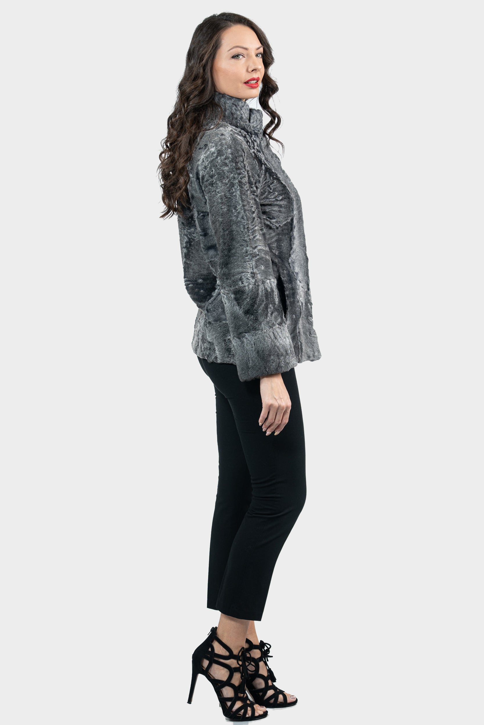 Gray Swakara Jacket with Stand Collar S/S13C528