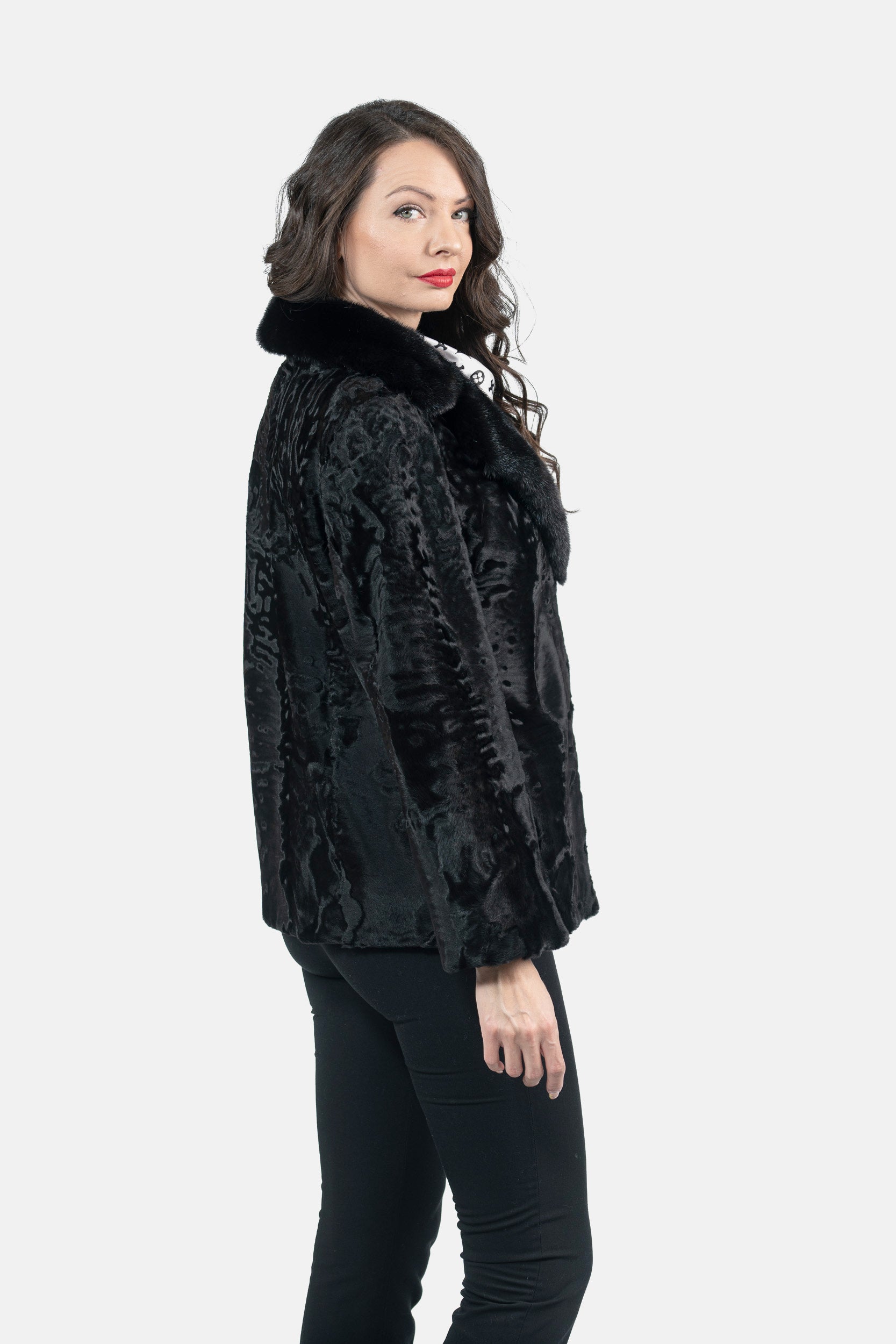 Black Swakara Jacket with Mink Notch Collar S/S13C528s20