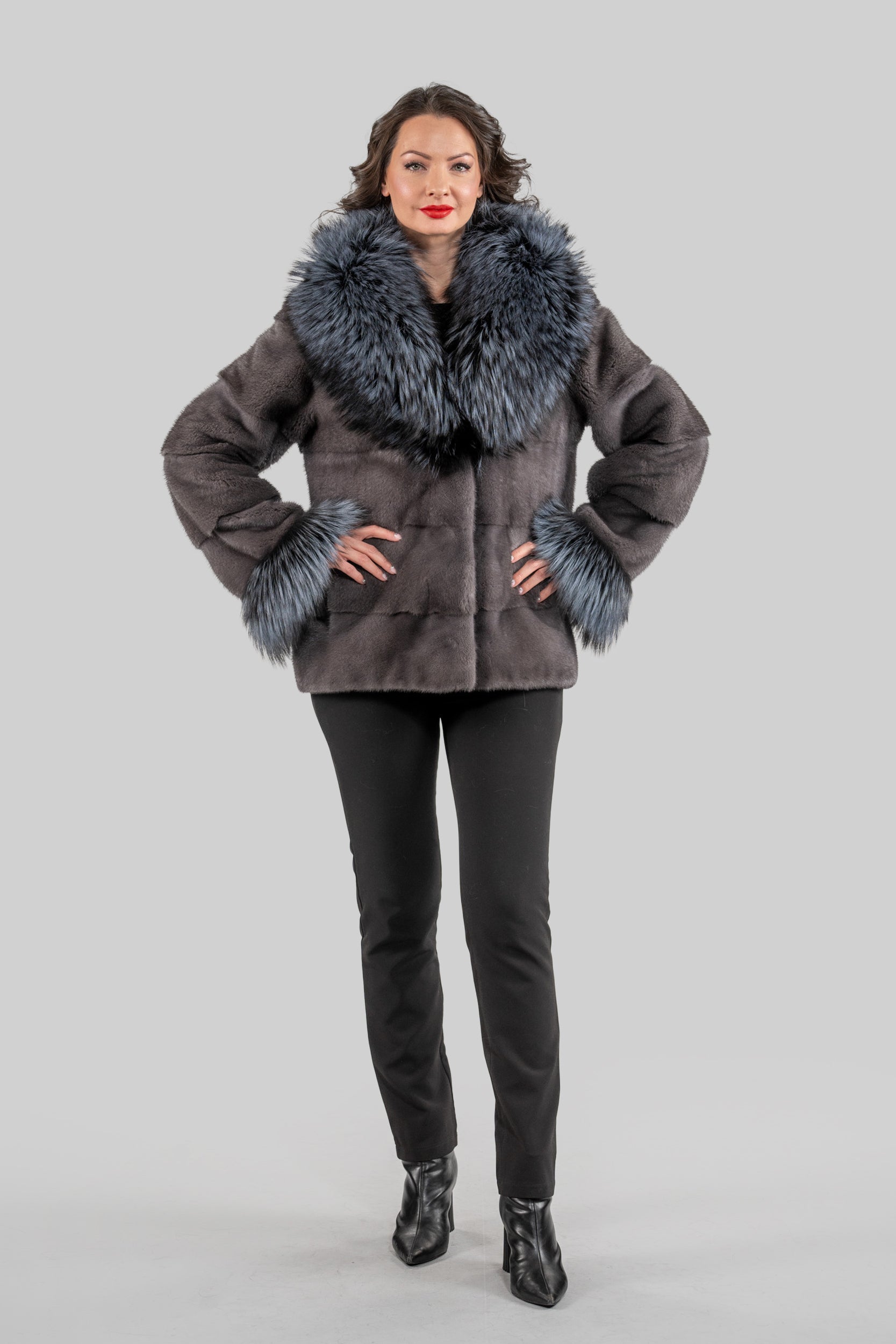 Grey Moon Mink Fur Jacket with Fox Shawl Collar and Cuffs P/K13C528C17