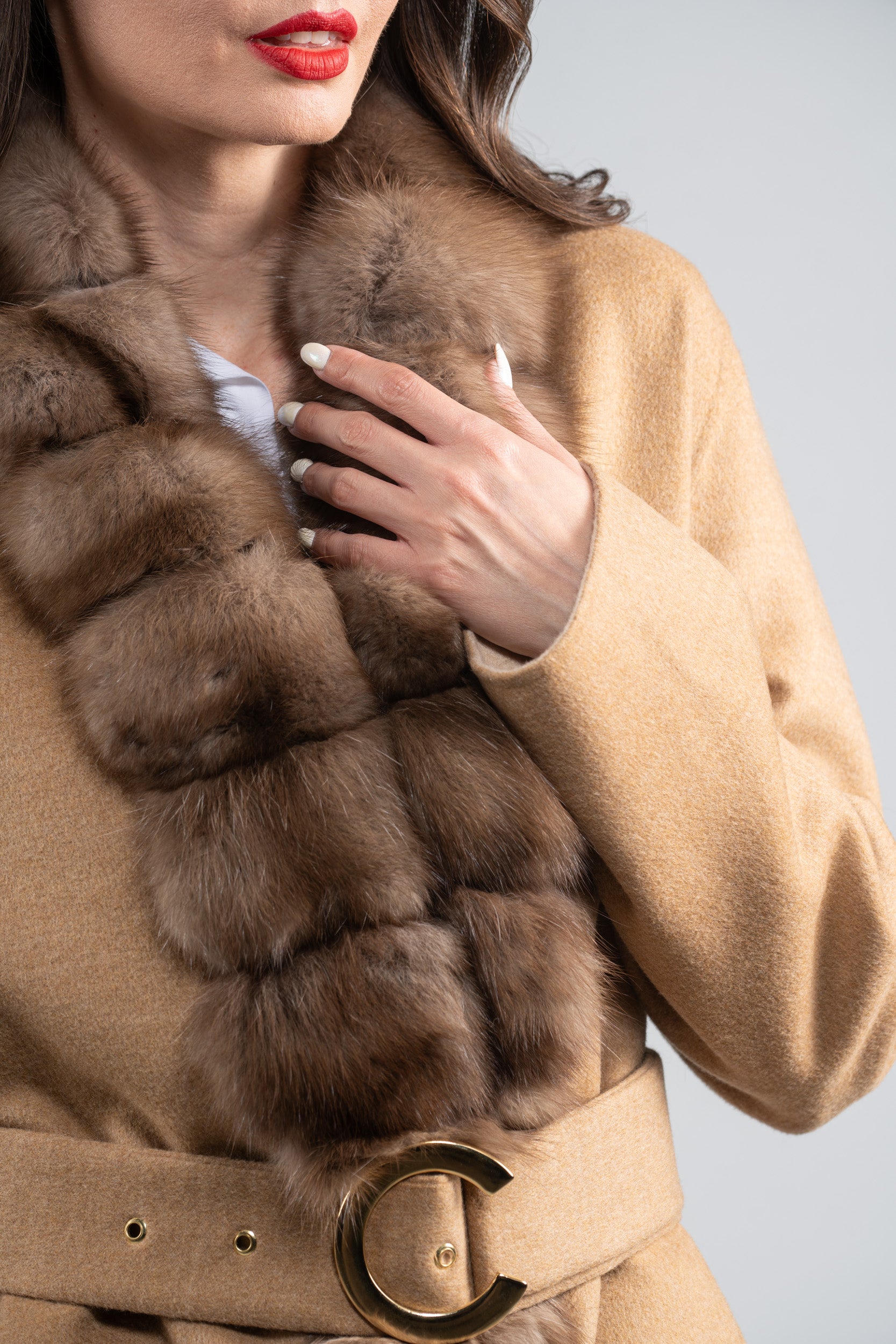 Beige Ecru Cashmere Coat with Russian Sable Trim 21C6080