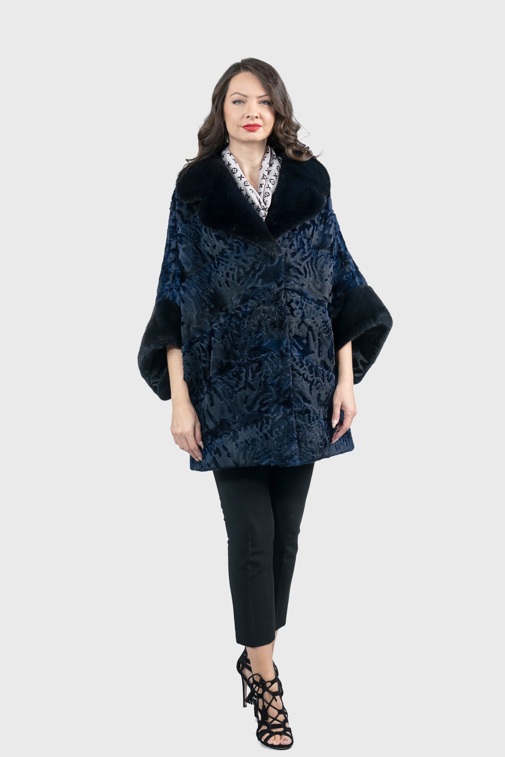 Blue Black Swakara Cape with Mink Notch Collar S/S929