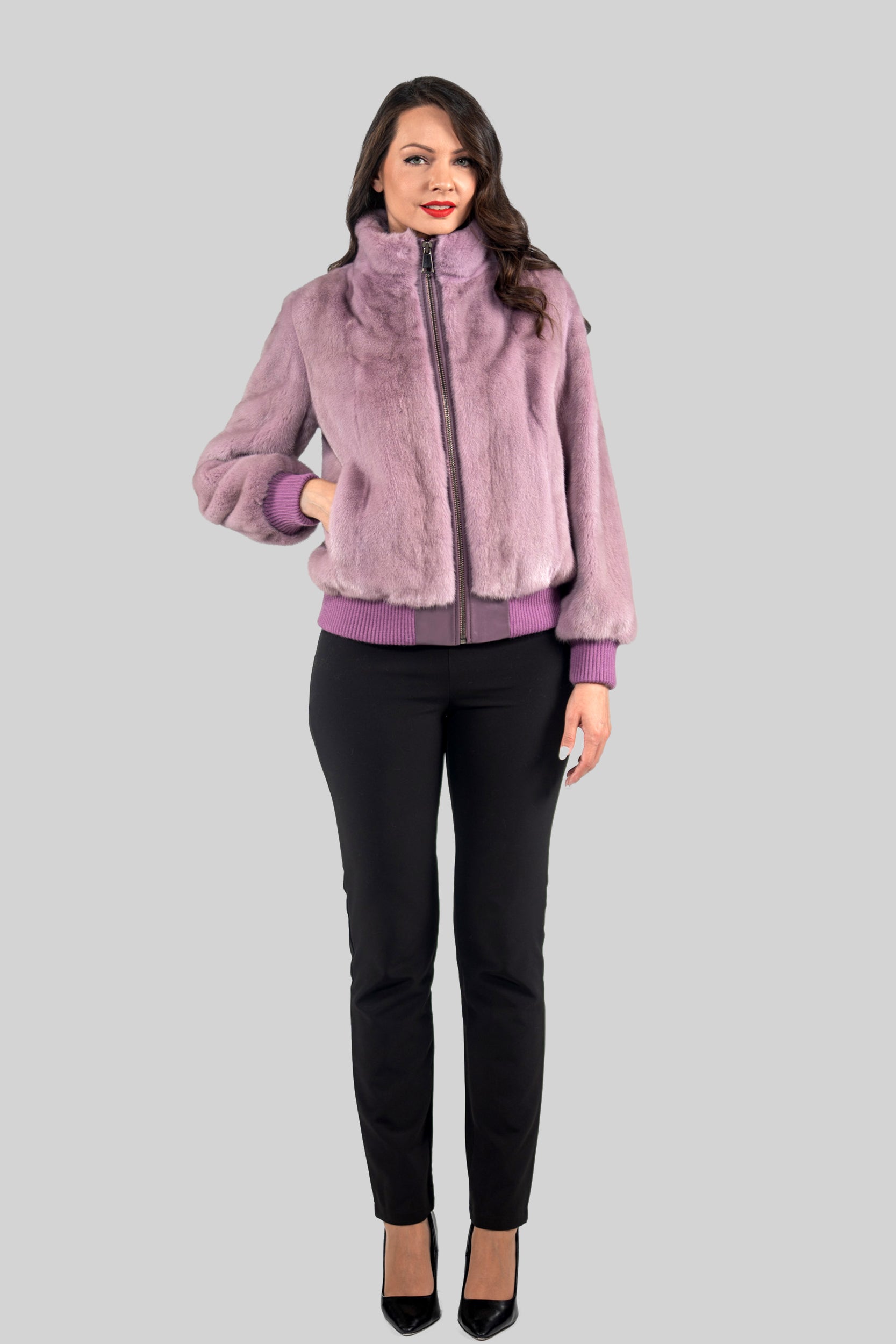 Dark Violet Mink Bomber Jacket with Stand Collar L/O13C224