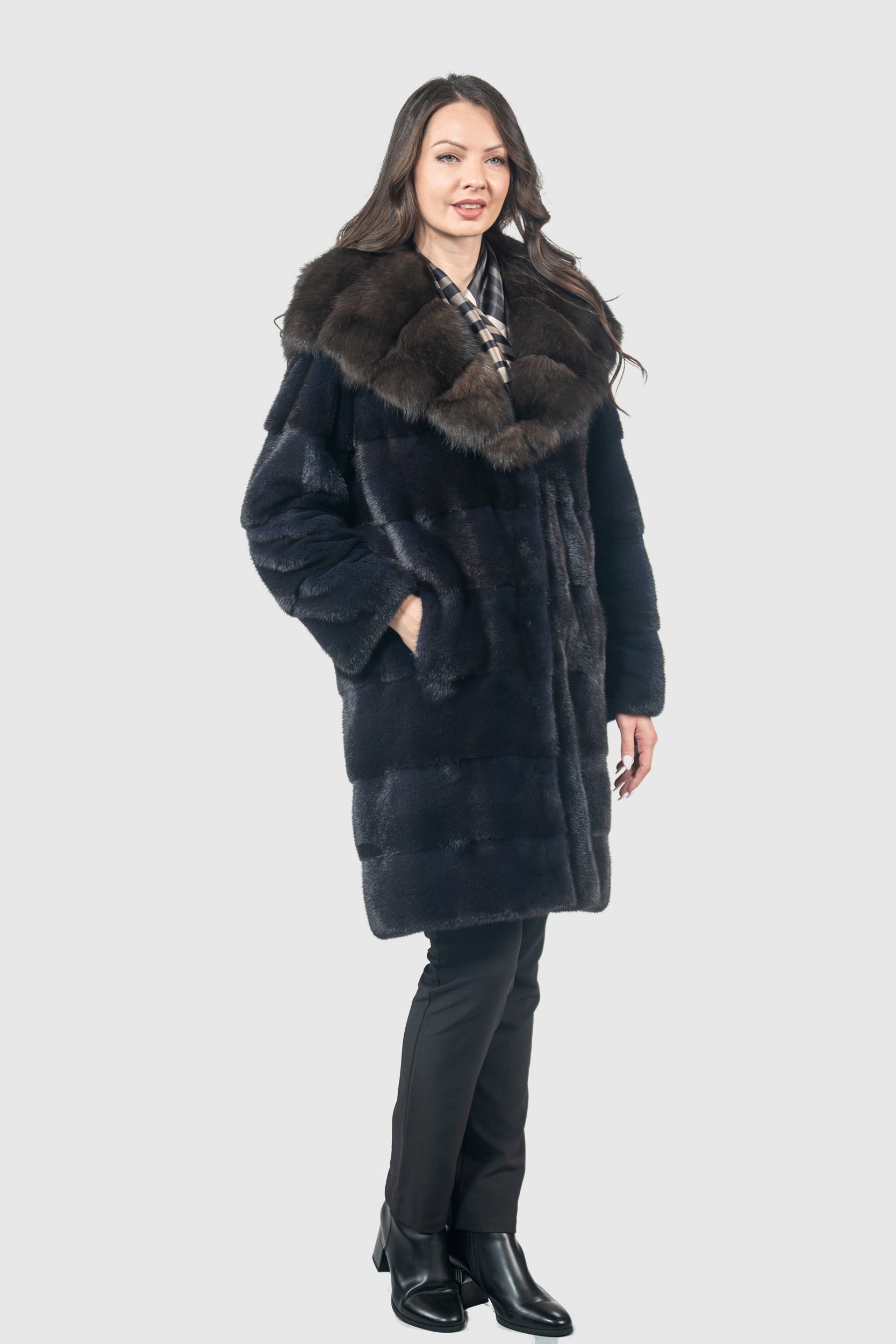 Purple Mink Half Coat with Russian Sable Hood P/K13C540
