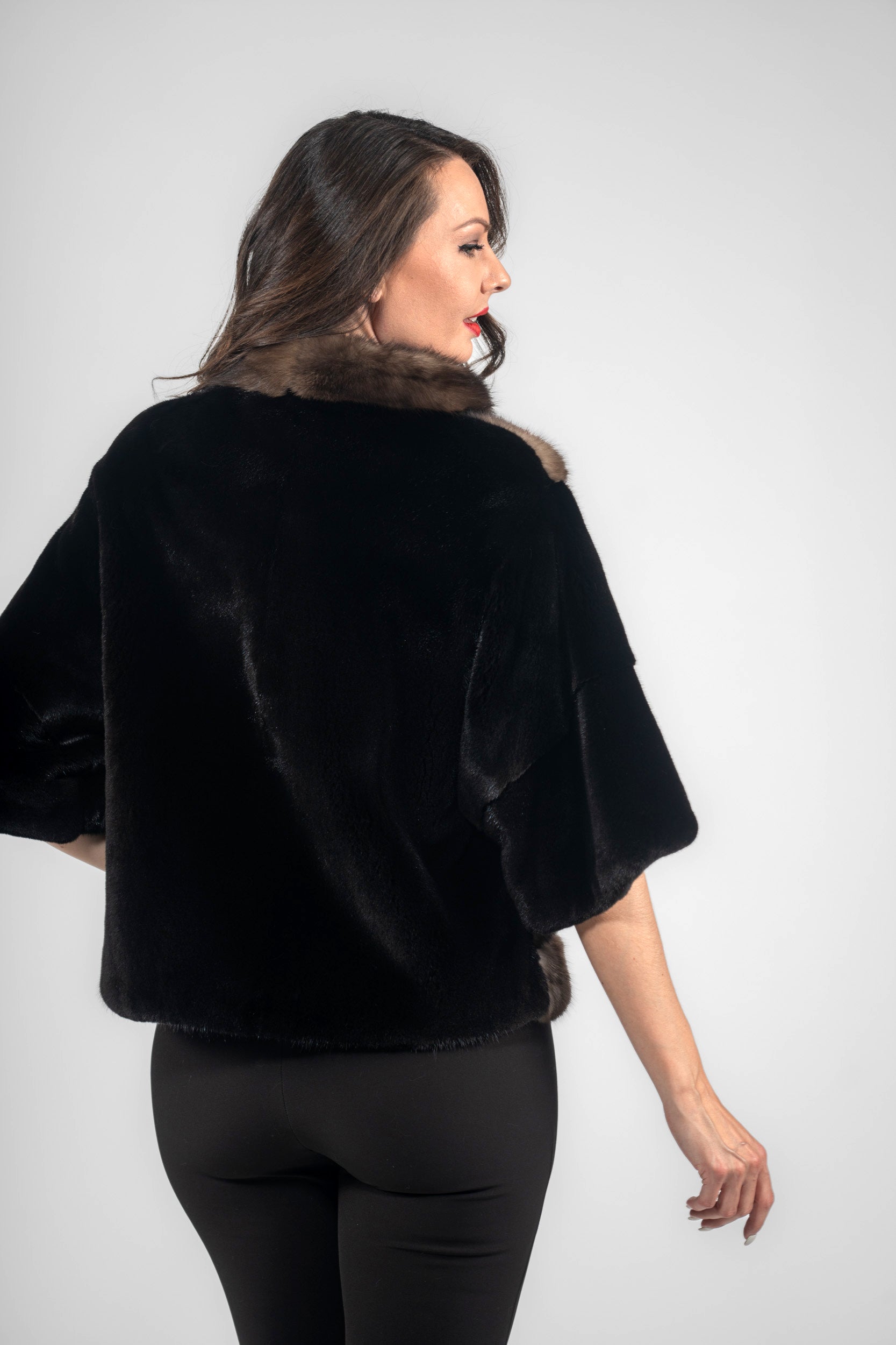 Short Sleeve Blackglama Mink Jacket with Stand Collar and Russian Sable Trim L/O16C728