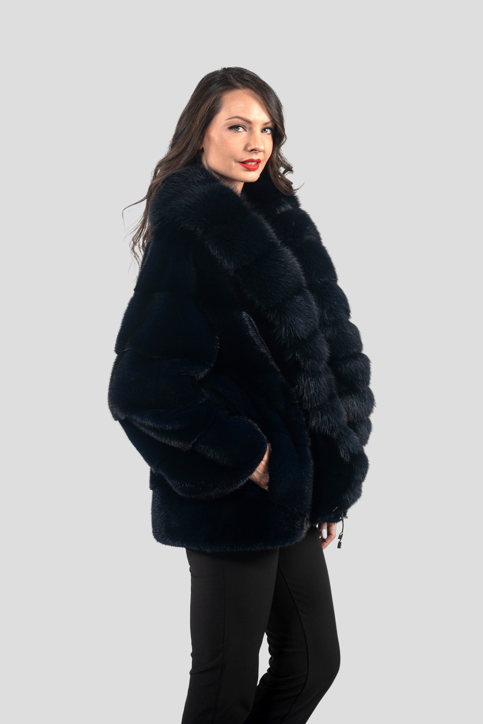 Blue Black Mink Half Coat with Extended Baumarten Shawl Collar V/K19C123