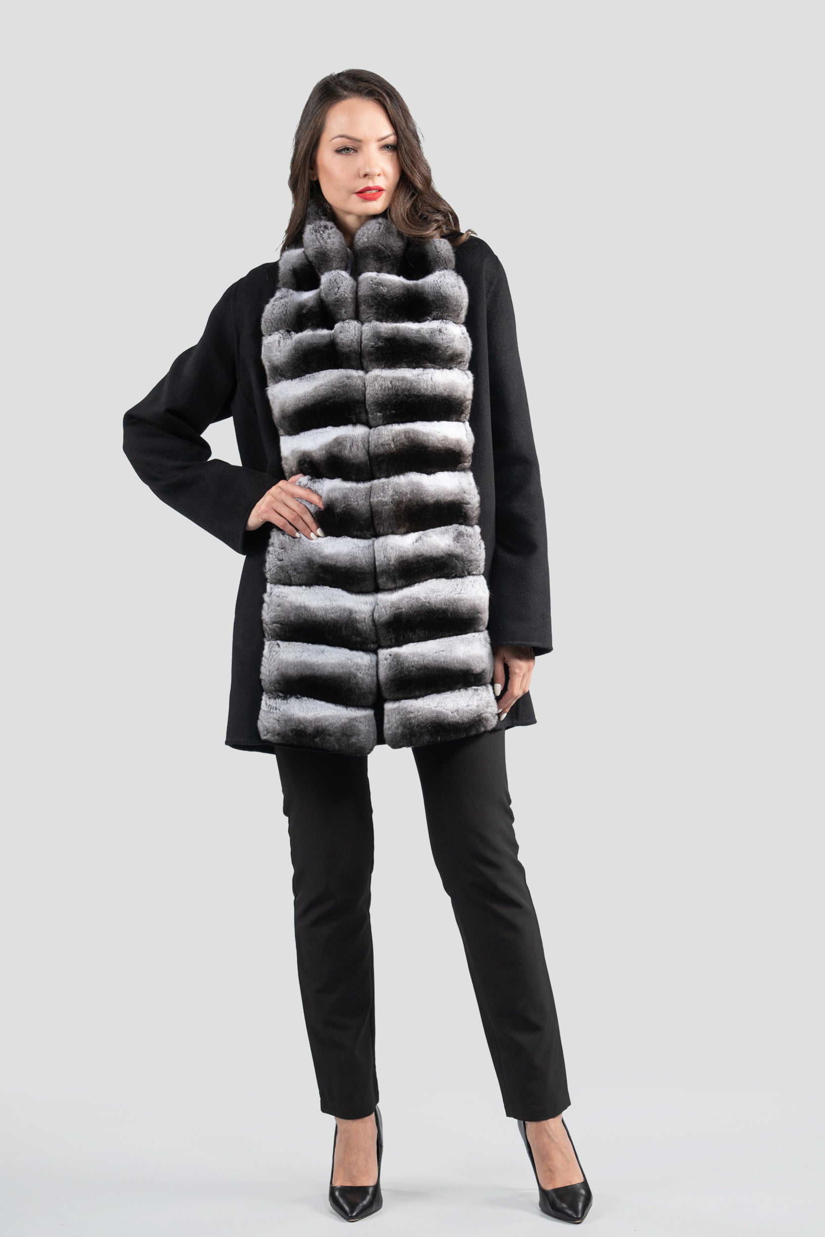 Black Cashmere Coat with Chinchilla Trim 21C8050