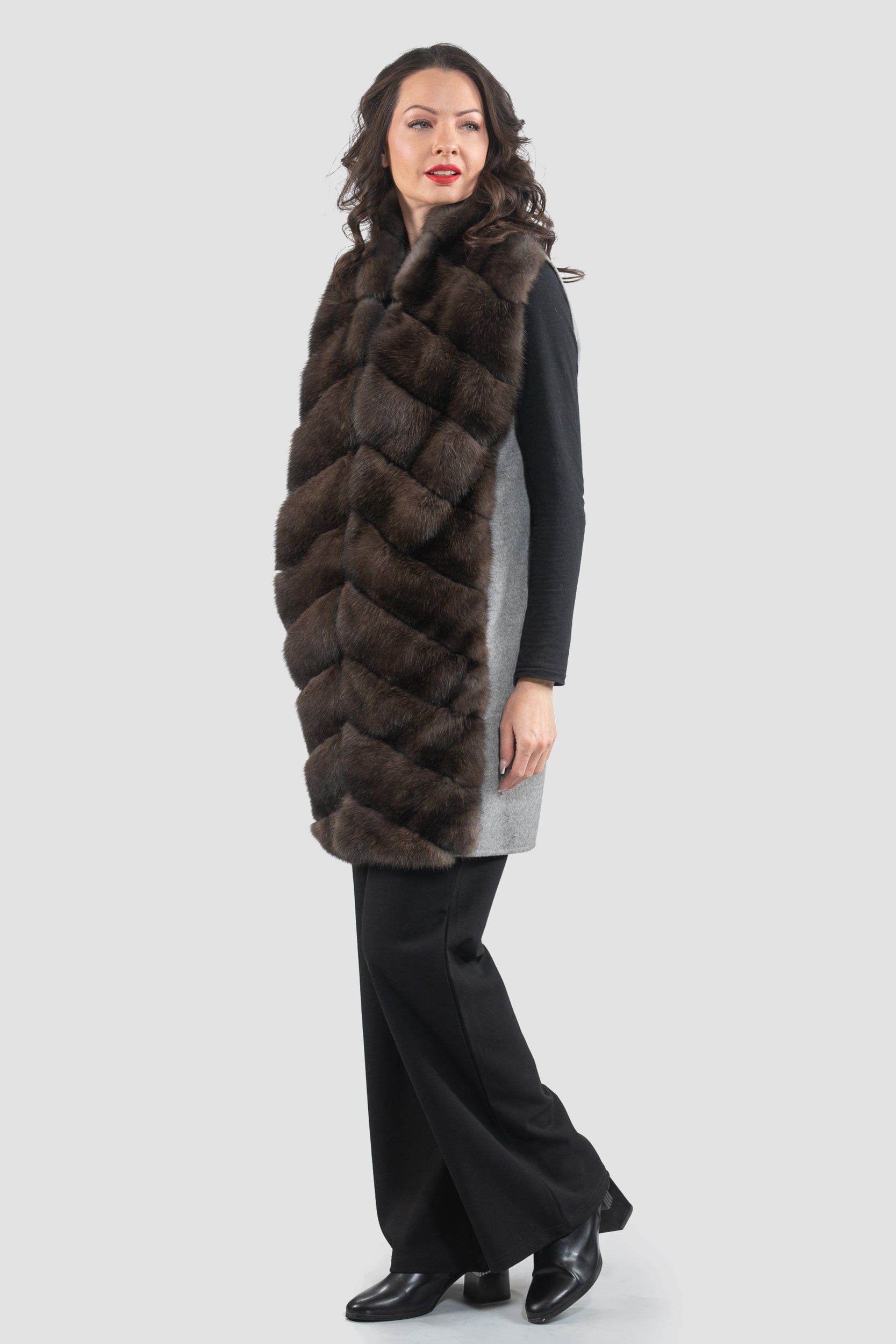 Grey Cashmere Vest with Russian Sable Trim 17C8003