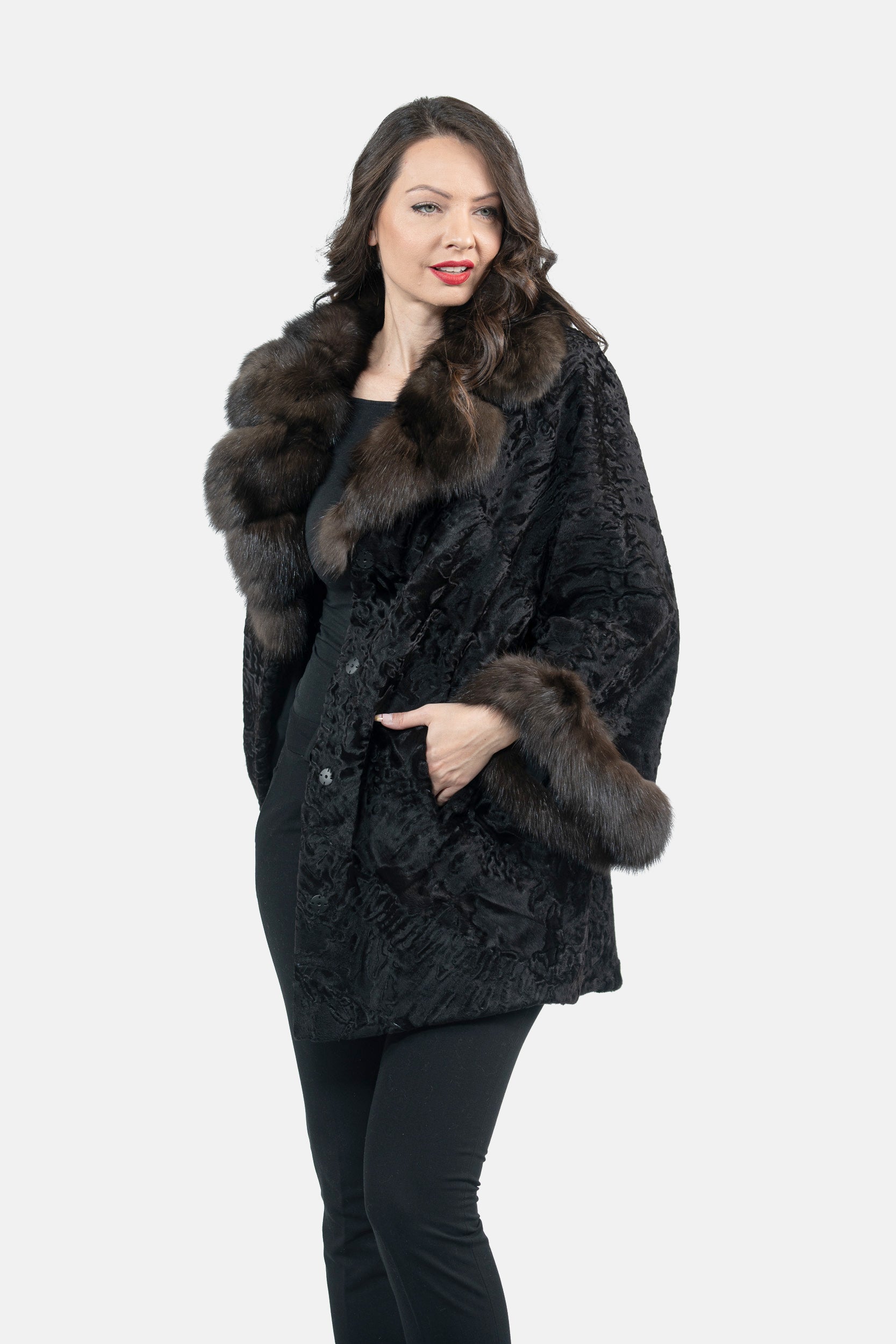 Black Swakara Cape with Russian Sable Notch Collar A/K13C848gs20v30