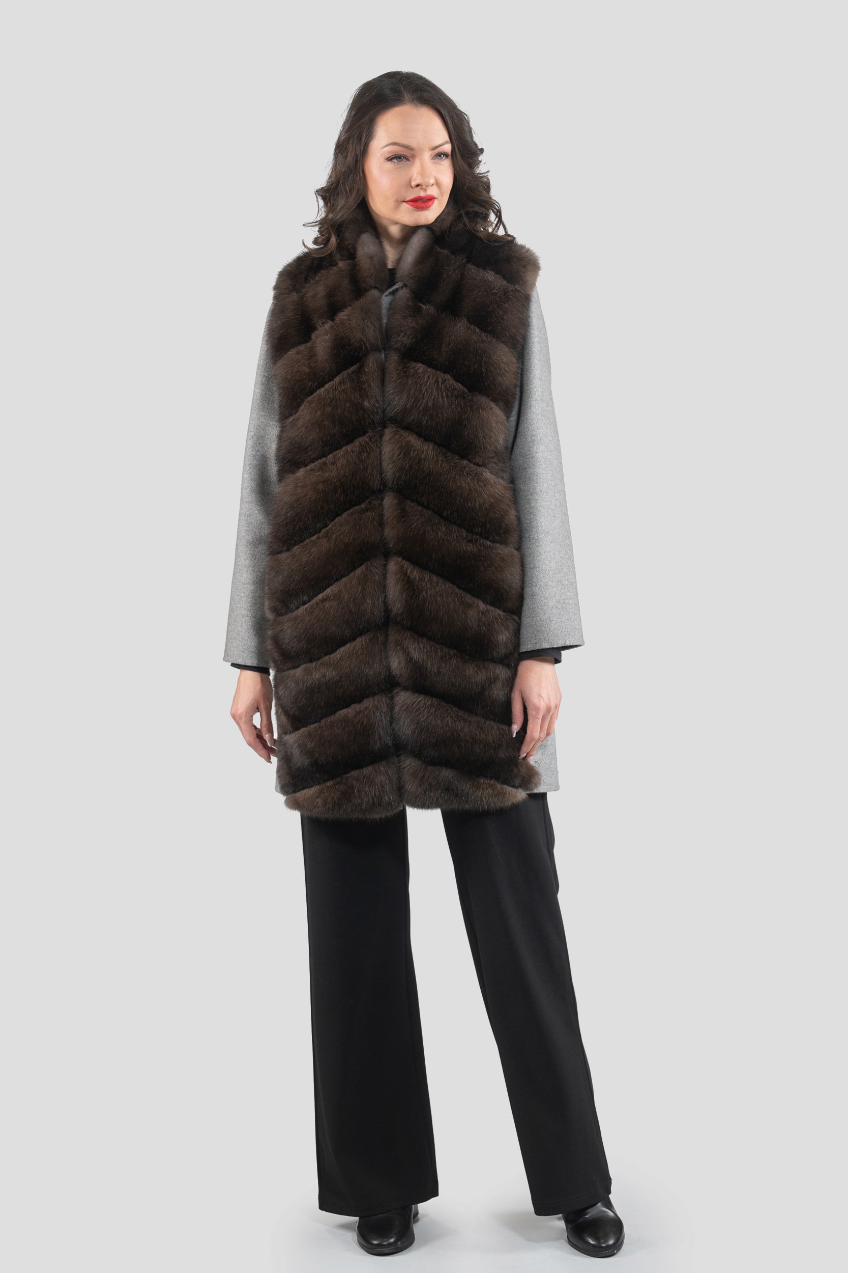 Grey Cashmere Half Coat & Vest with Russian Sable Trim 17C8003