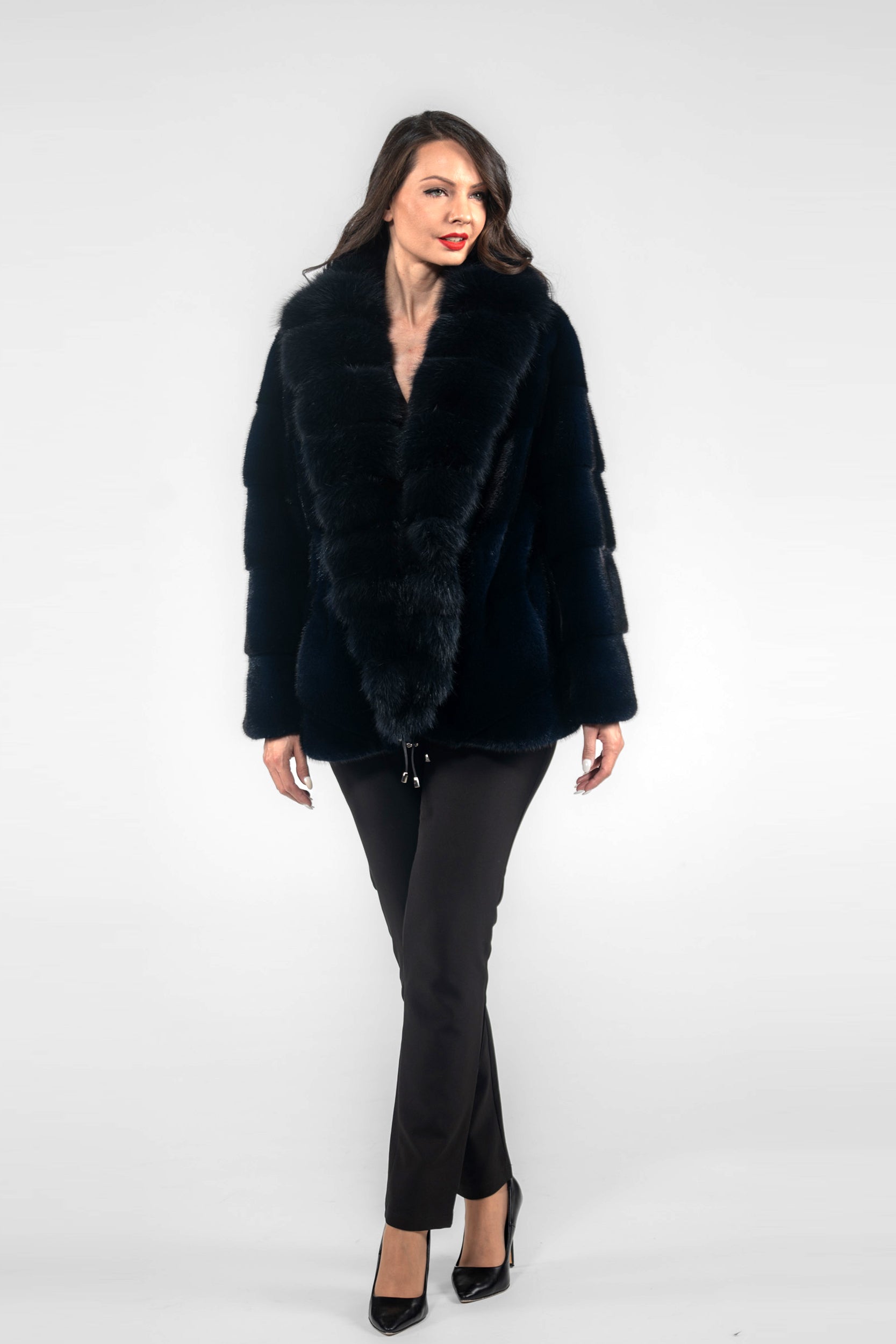 Blue Black Mink Half Coat with Extended Baumarten Shawl Collar V/K19C123