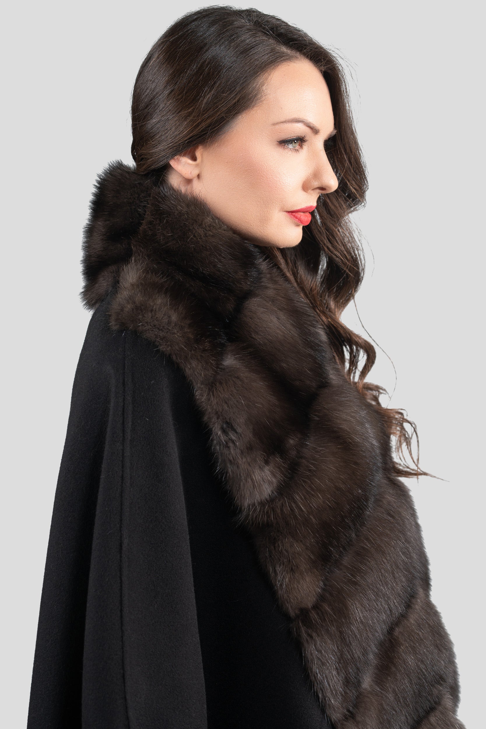 Black Cashmere Cape with Russian Sable Trim 18M950
