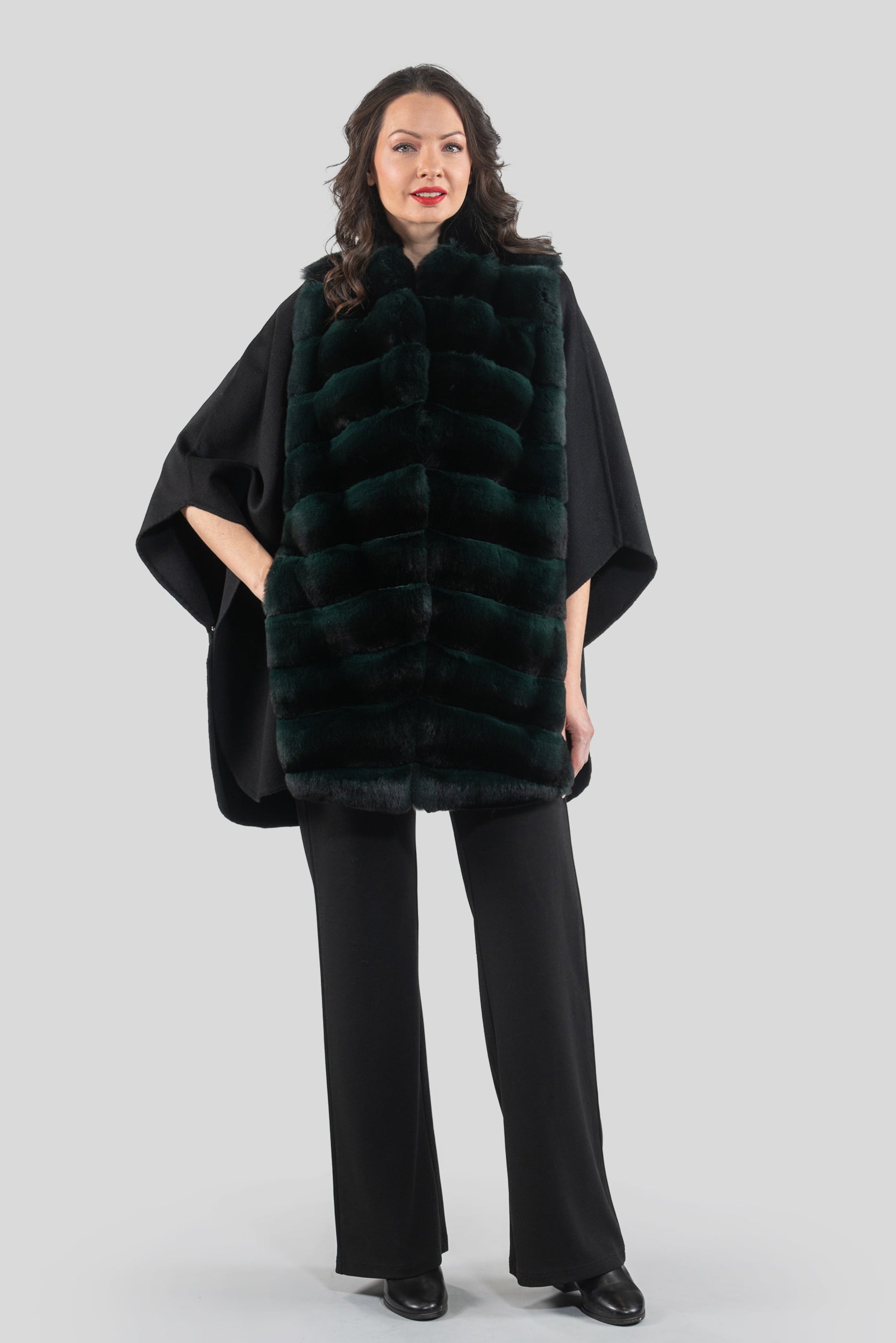 Black Cashmere Cape with Green Chinchilla Trim 18M950
