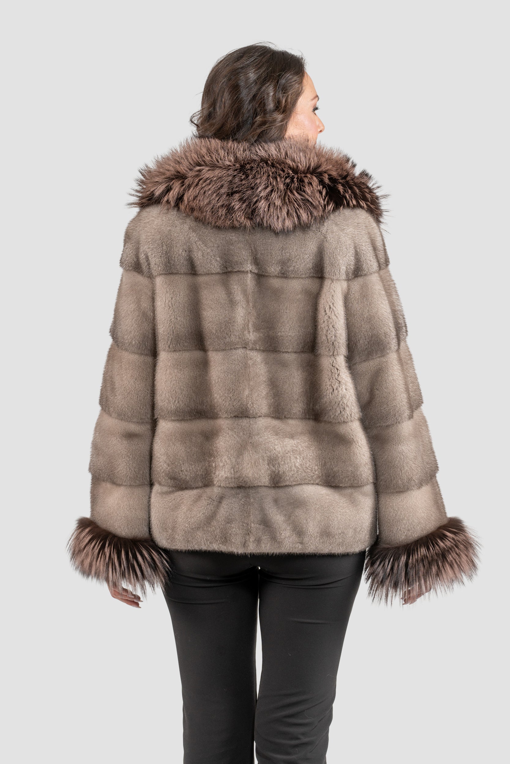 Silver Blue Mink Fur Jacket with Fox Shawl Collar and Cuffs P/K13C528C17