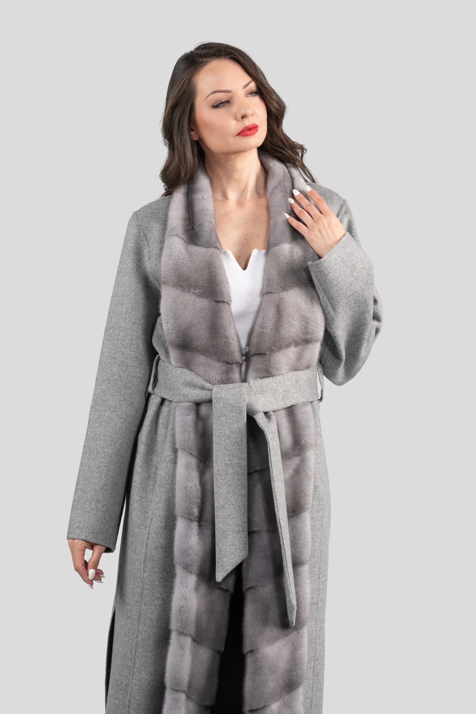Gray Cashmere Coat with Mink Trim 21C3321