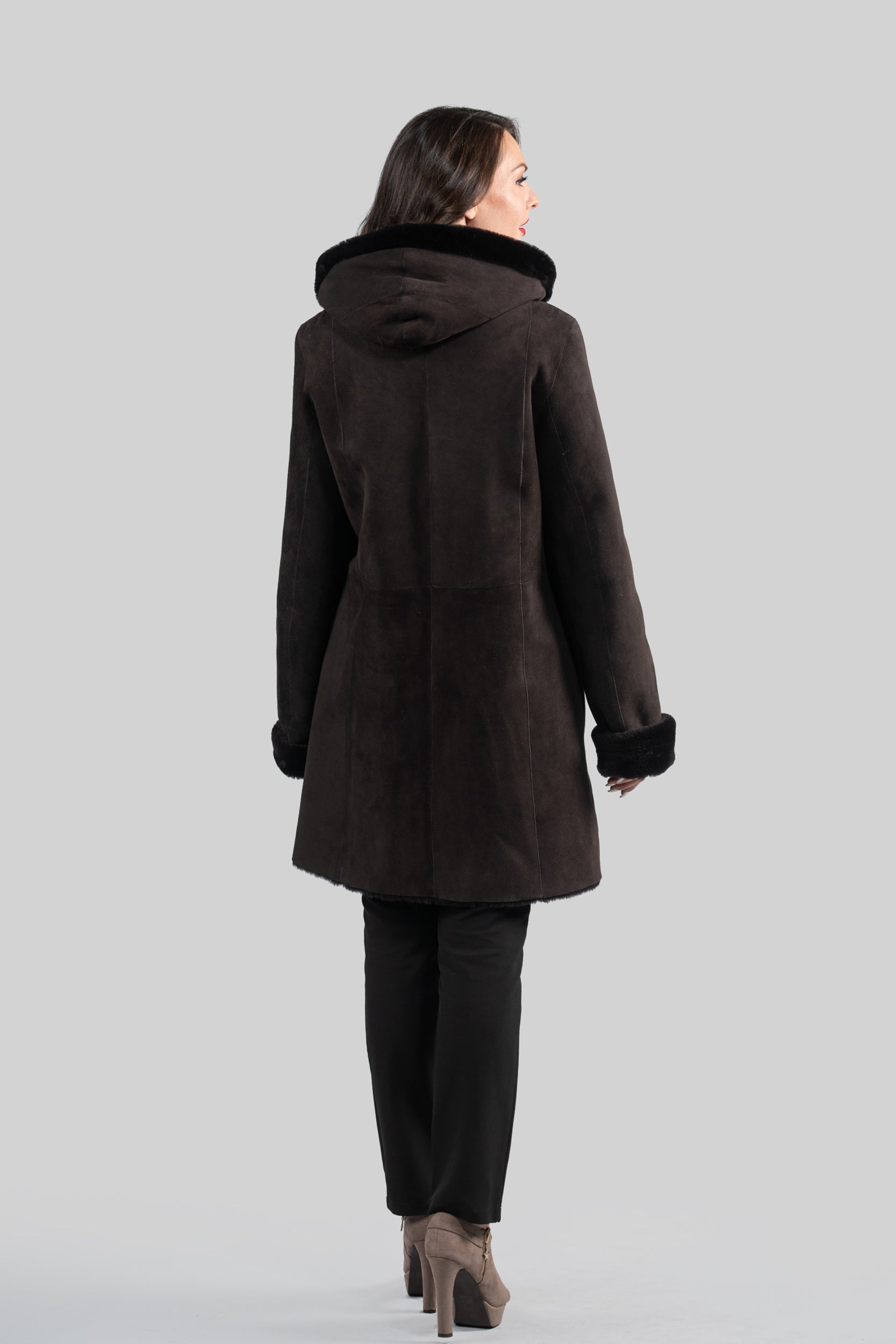 Hooded Brown Half Coat In Spanish Merino 207H