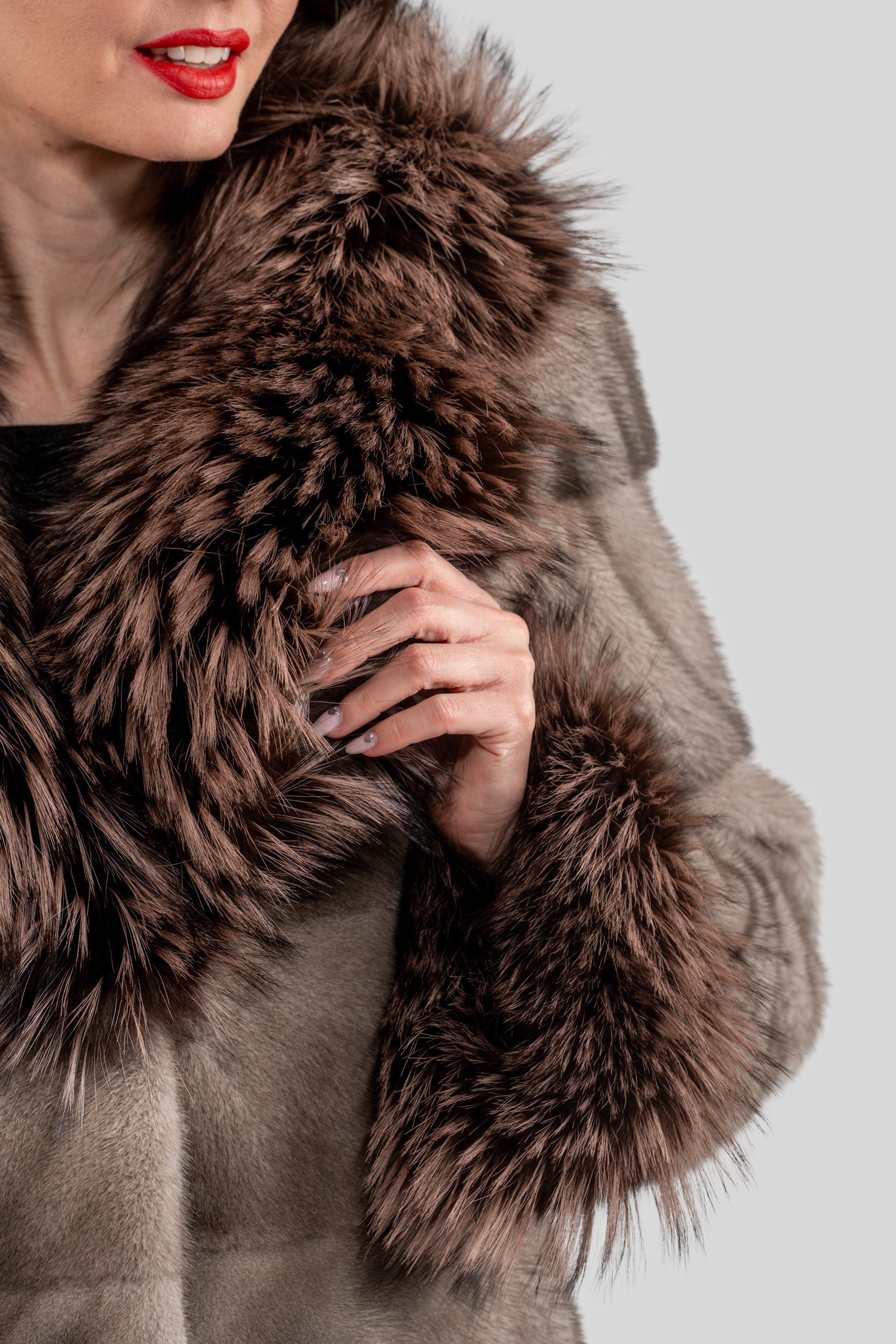 Silver Blue Mink Fur Jacket with Fox Shawl Collar and Cuffs P/K13C528C17