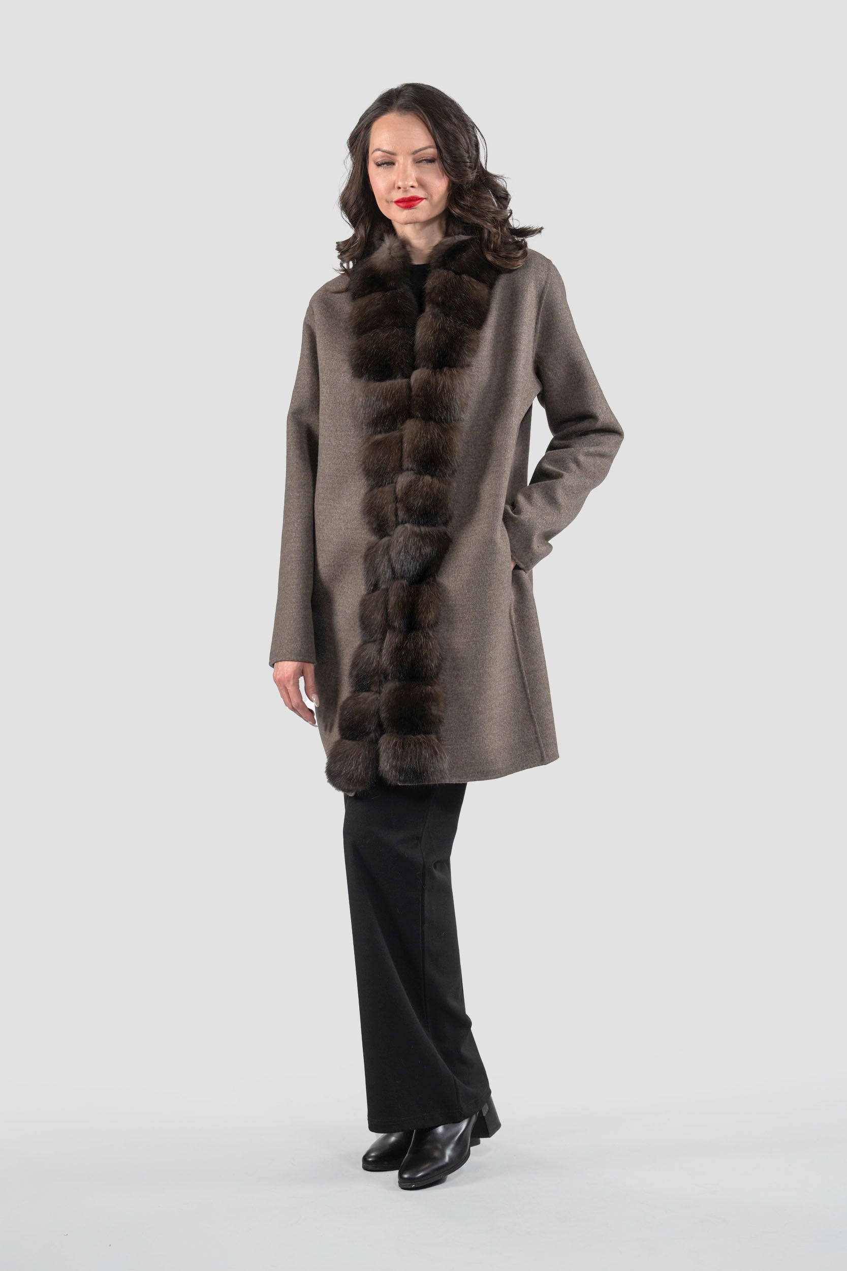 Grey Brown Cashmere Half Coat with Russian Sable Trim 21C6080