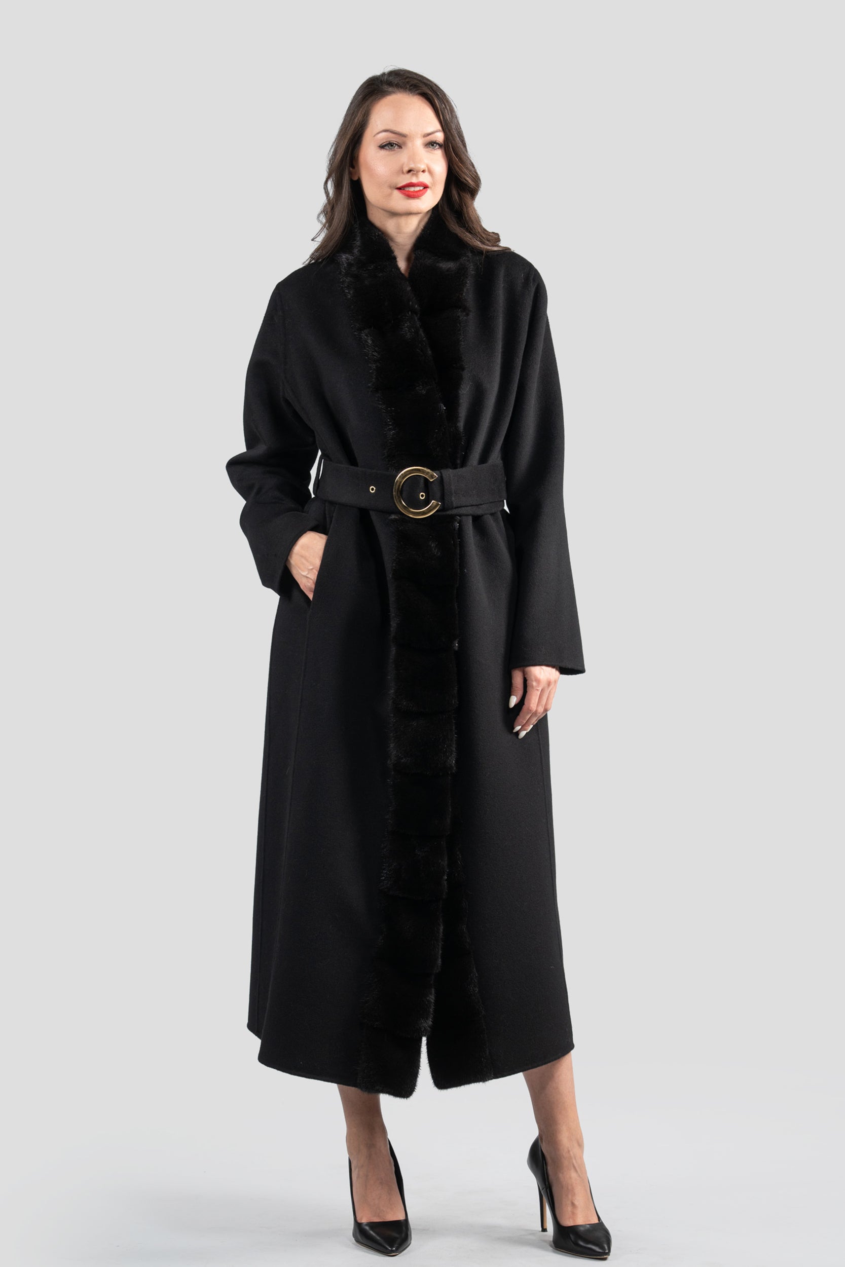 Black Cashmere Coat with Mink Trim 21C6080