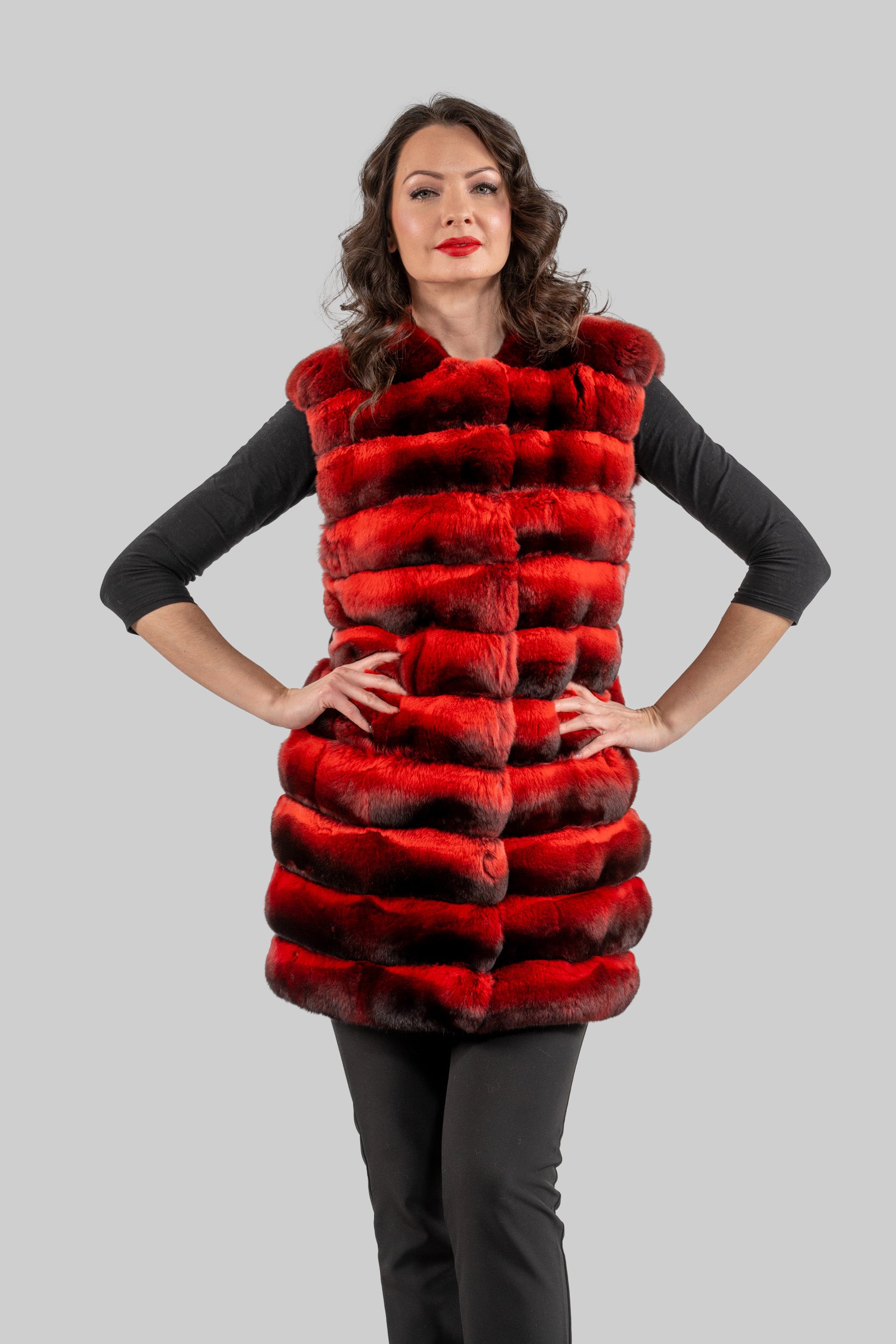 Collarless Crimson Red Chinchilla Vest P/K13C519