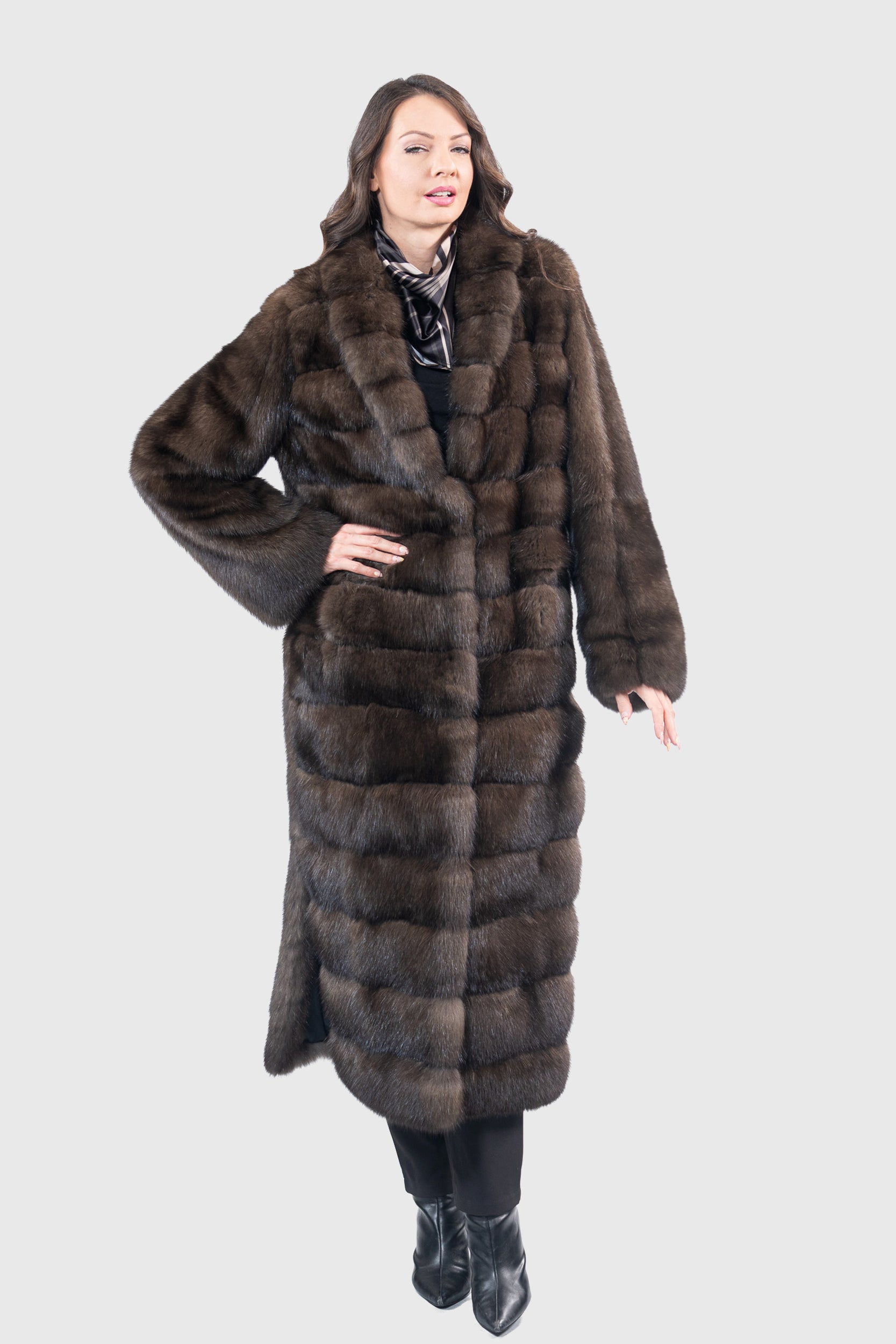 Dark Russian Sable Coat with Shawl Collar and Let Out Back P/K13C530G8003
