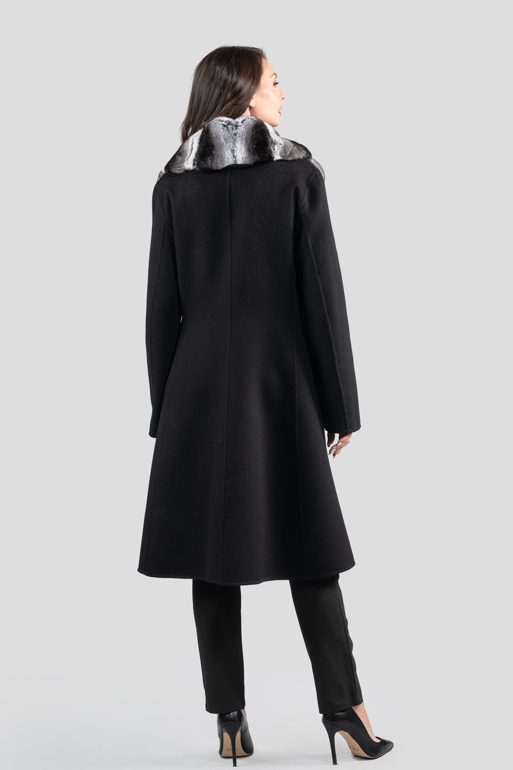 Black Cashmere Coat with Chinchilla Notch Collar 19C8250